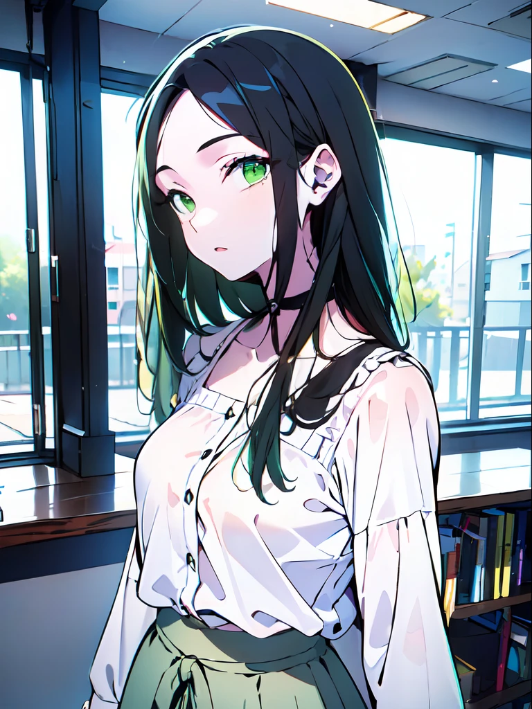 ((masterpiece)), ((pale skin)), (8k:1.2), (solo:1.2), (female:1.1), interior, (casual:1.4), (black hair:1.5), (green eyes:1.2), long hair, straight hair
