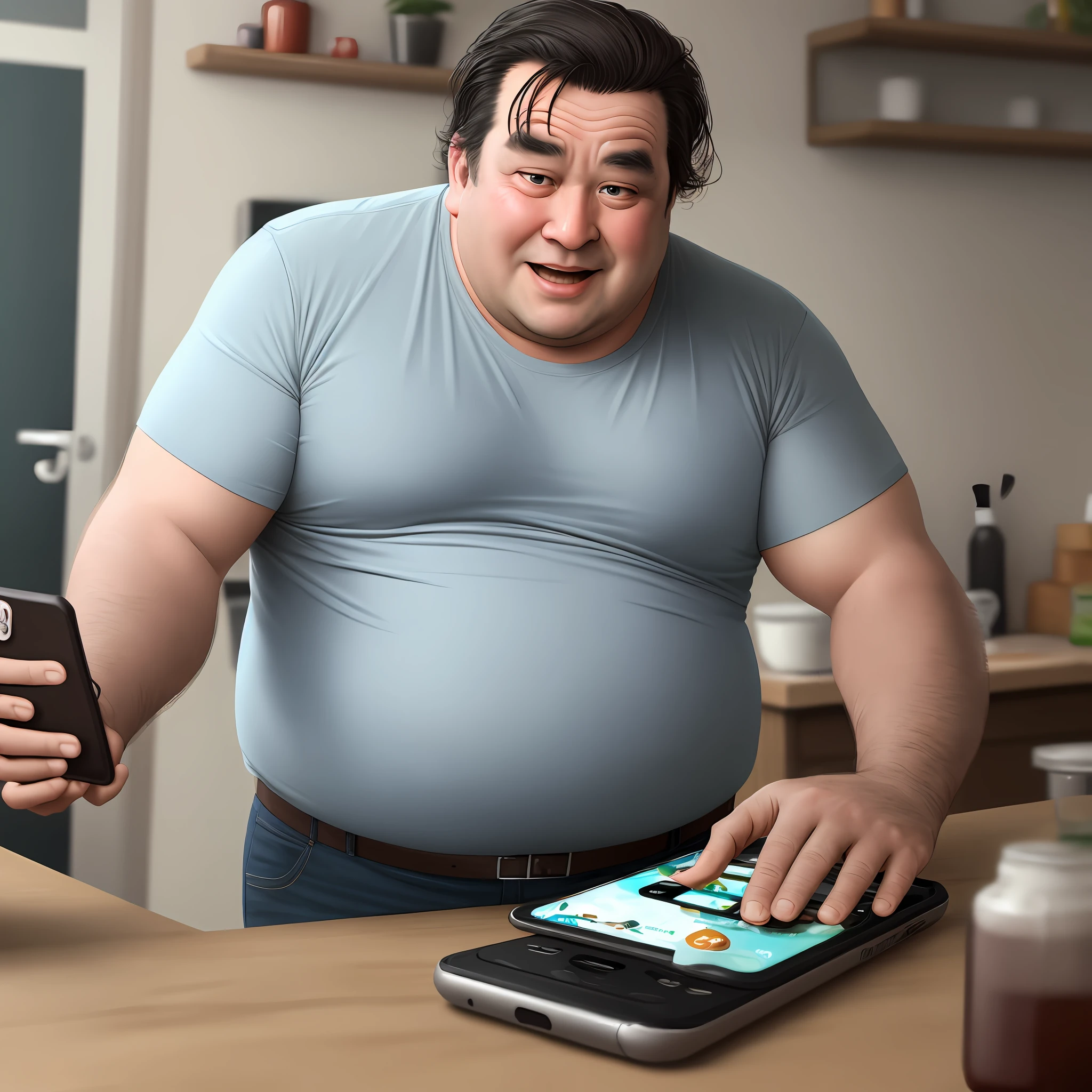 A greasy fat uncle playing with his phone