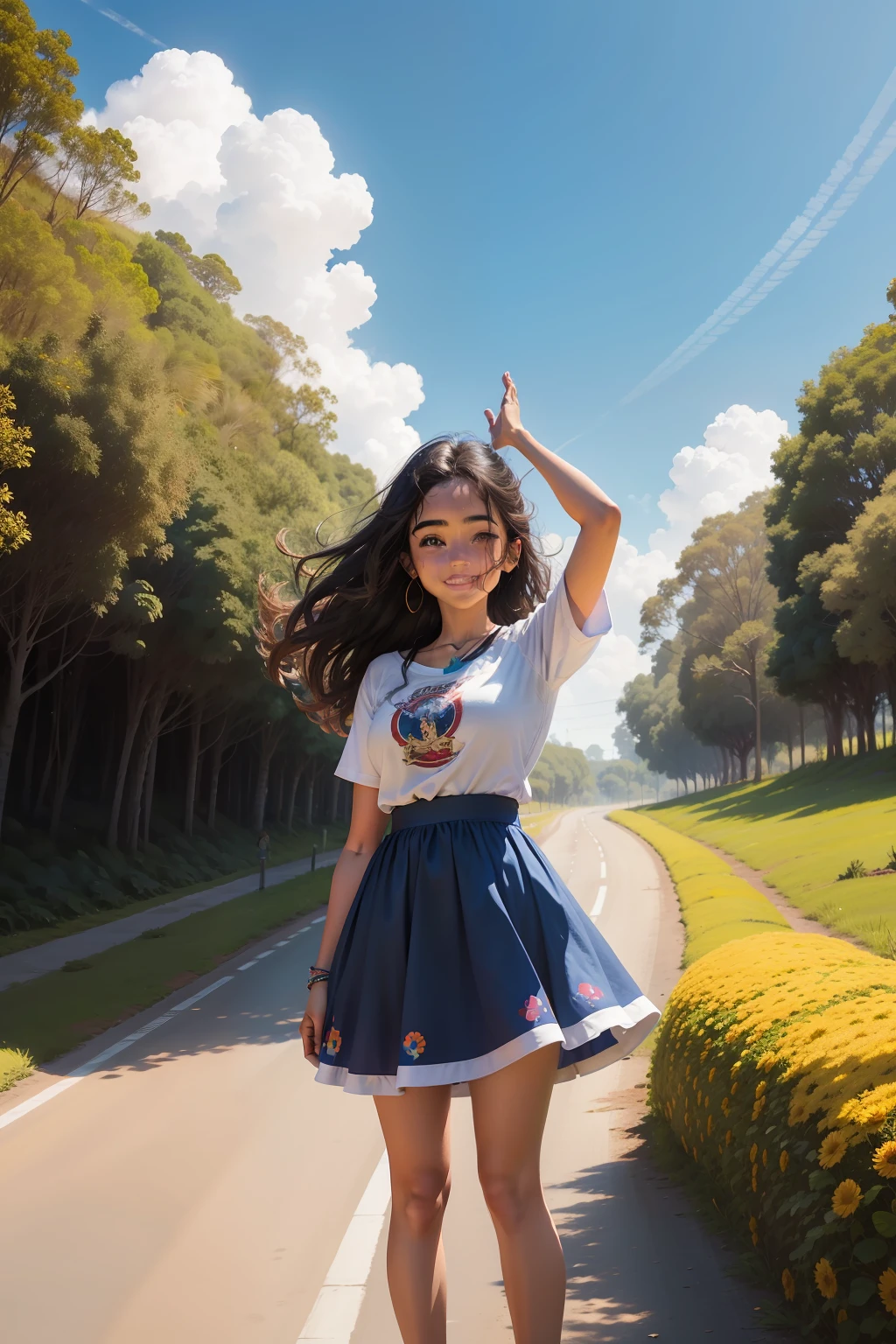  jovem, de pele morena, cabelos escuros, sorrindo, standingn, with his head raised, semblante alegre, with hands raised to the sky, in gratitude to God, vestido longo e com estampa florida, em uma estrada, sercada por um lindo jardim com flores coloridas, A day with sun and blue skies. imagem como disney pixel