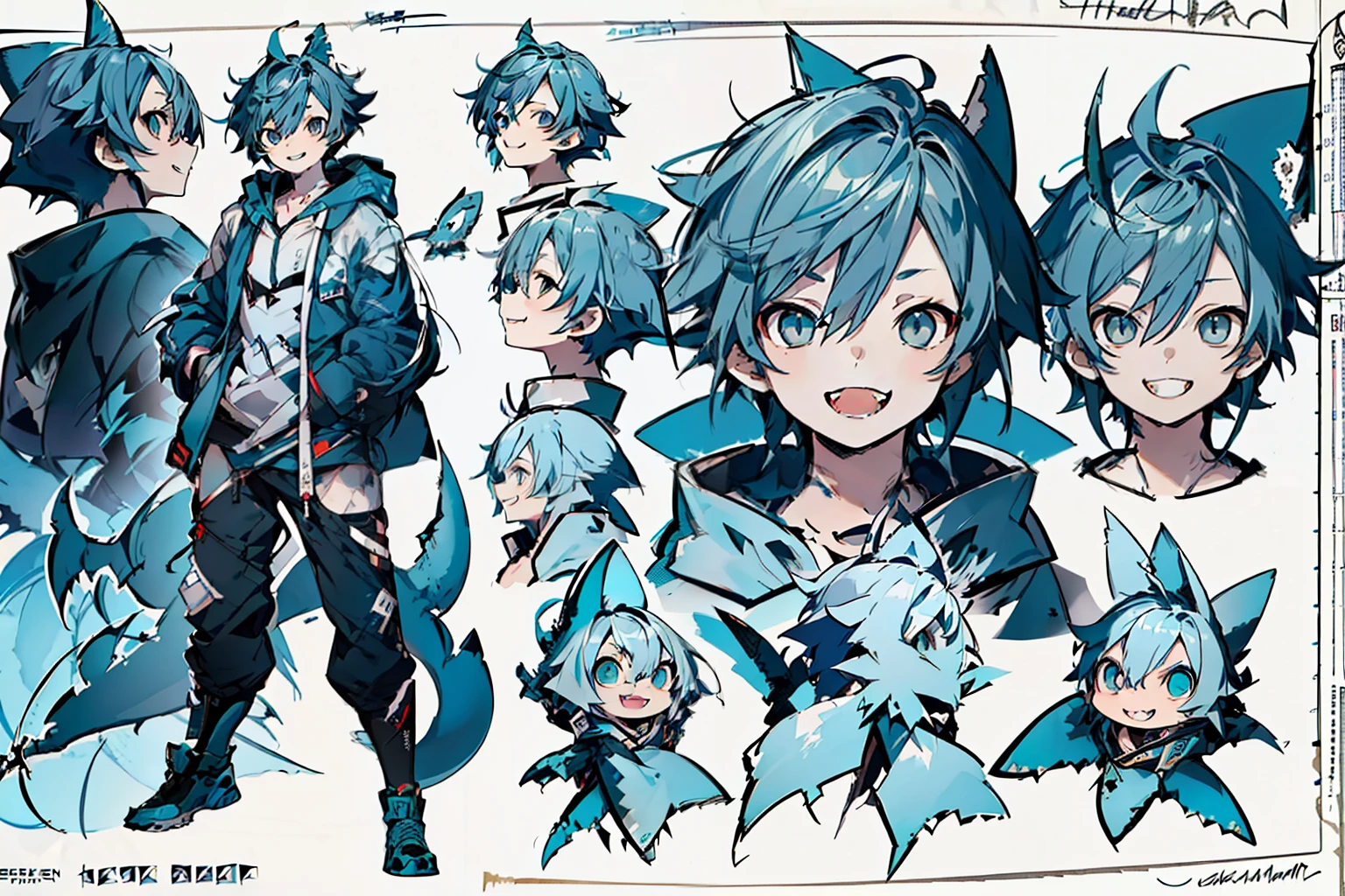 master-piece, hyper quality, hyper detailed, perfect drawing, 1boy, ((Hairstyle: Messy Japanese Round Haircut for Thick Hair)), ((blue hoodie)), ((shark tail)), ((Cute smile and sharp shark teeth), ((blue eyes)), ((blue hair,)) height 167cm, stand still, (character sheet:1.4), (concept art:1.4)