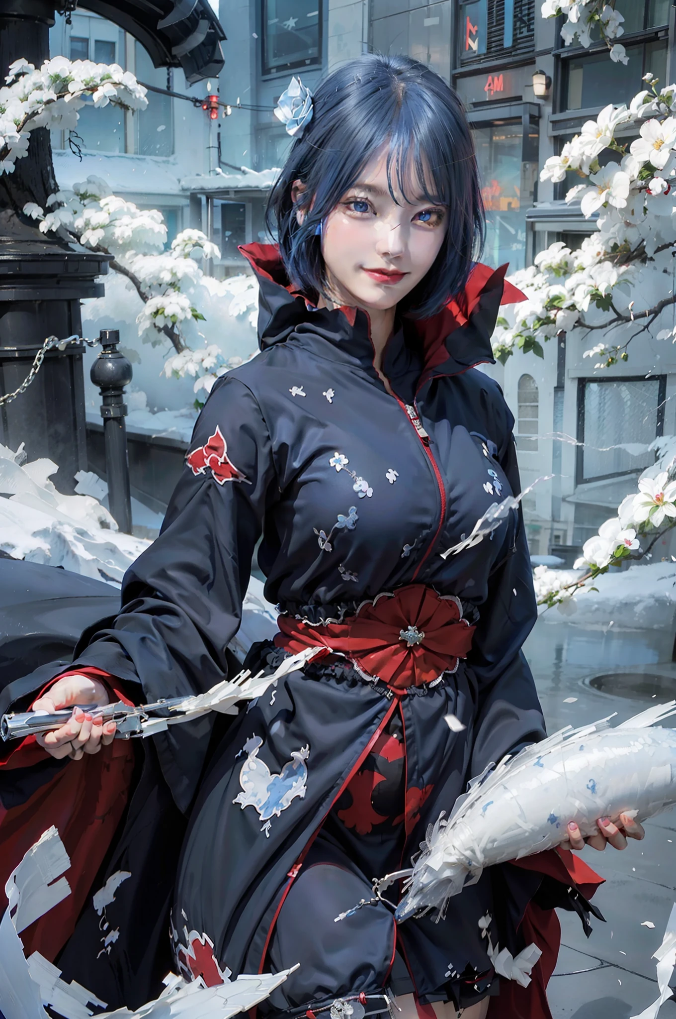 1girl, konan akatsuki, blue hair, short hair, blue eyes, smile, very big breasts, black and red clothes, realistic, ultra detail, outdoor background