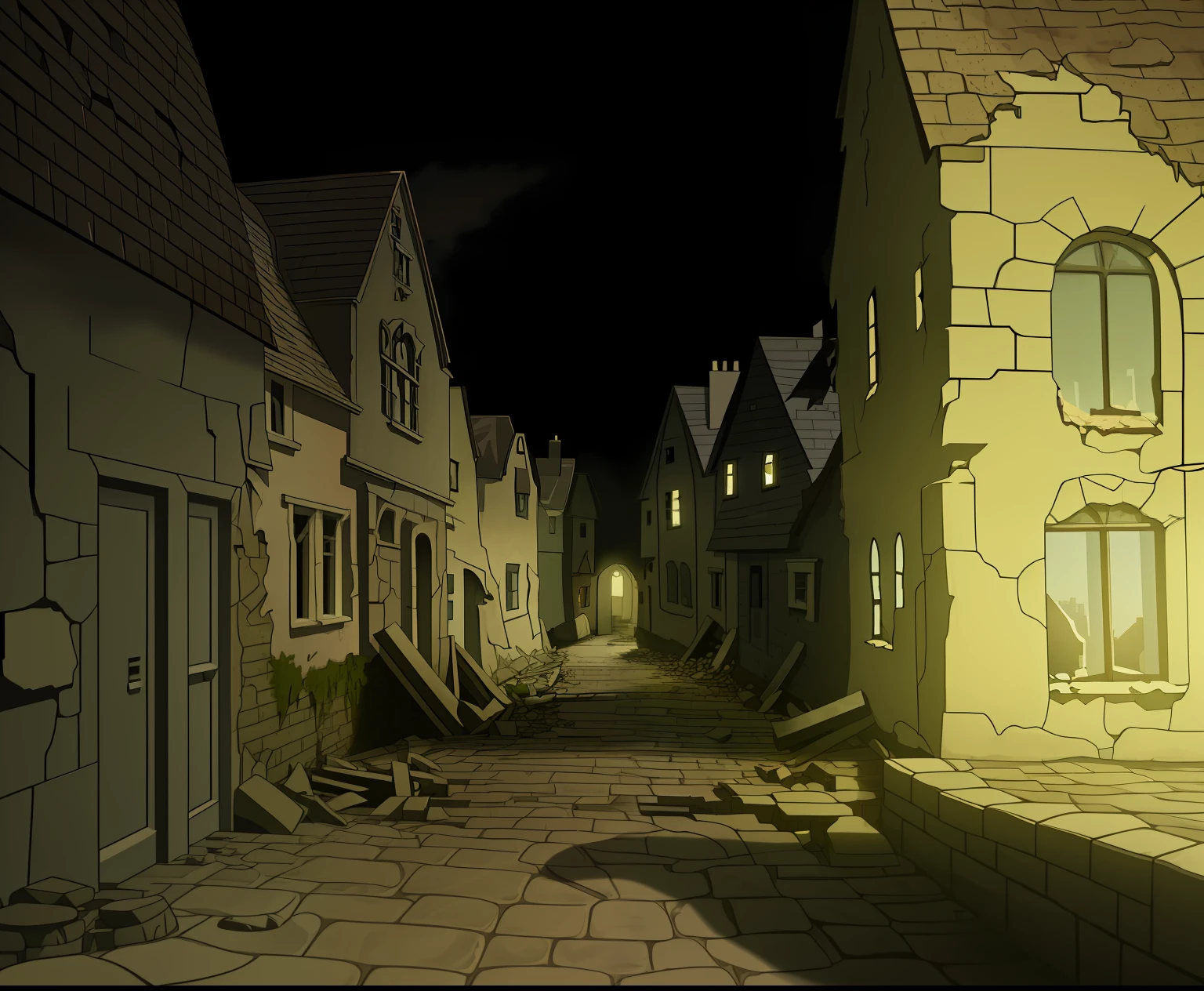 Detail Up illustratio anime screenshot natta mid night Ocean wind Not Japan Ruined house Brick house cobblestone road Medieval Europe Koyokan Crumbling brick house Unpaved cobblestones Ruined house Houses with a small number of colors A house on the verge of collapse desolate Fine line art 2020s anime