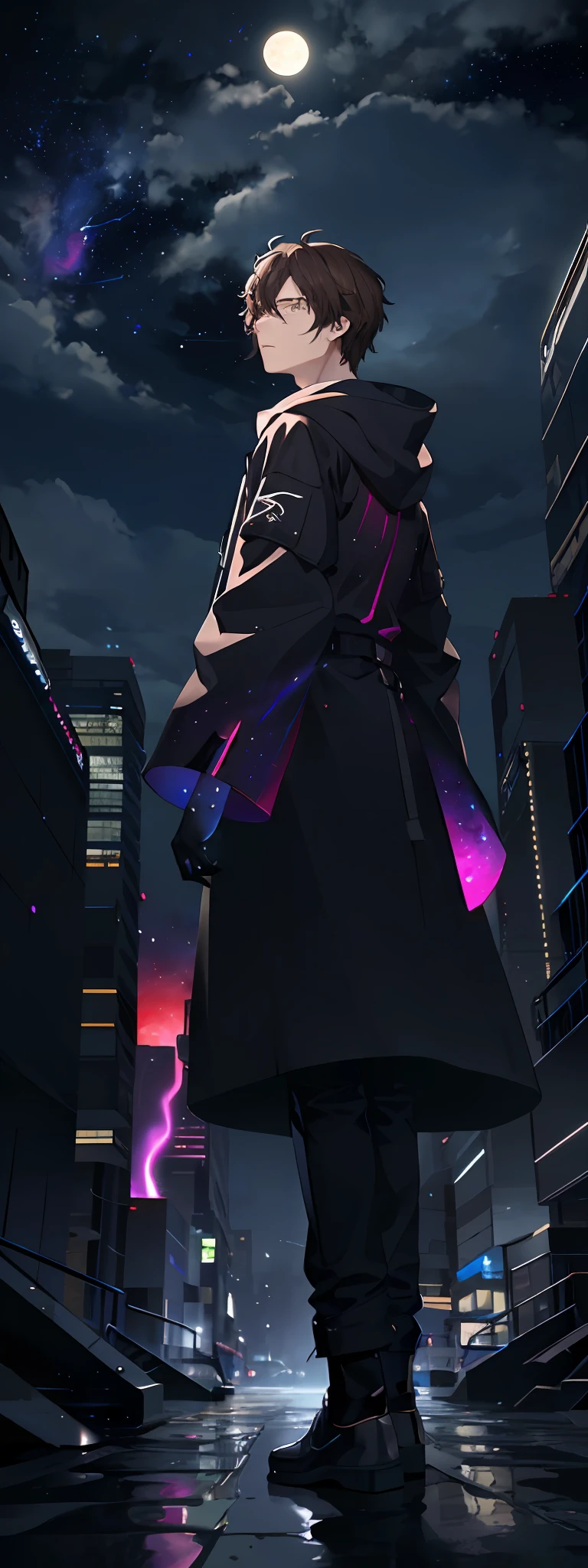 Vast landscape photos、(Admire the sky and neon buildings from afar)、a guy standing looking up the sky、25 year old guy、shorth hair、A dark-haired、eye glass、loose hooded attire、dark brown skin、(fullmoon:1.2)、(shooting stars:0.9)、(nebulas:1.3)、distant buildings、Tree Break Production Art、(Warm light source: 1.2)、intricate detailes、Volume Lighting、Realism Break(masterpiece:1.2)(top-quality)、4K、The ultra-detailliert、(Dynamic configuration:1.4)、Highly detailed and colorful details、(Irridescent color:1.2)、(Glowing lighting、Atmospheric lighting)、dream-like、Magic、(独奏:1.2)、TOKYOcty、posterior view