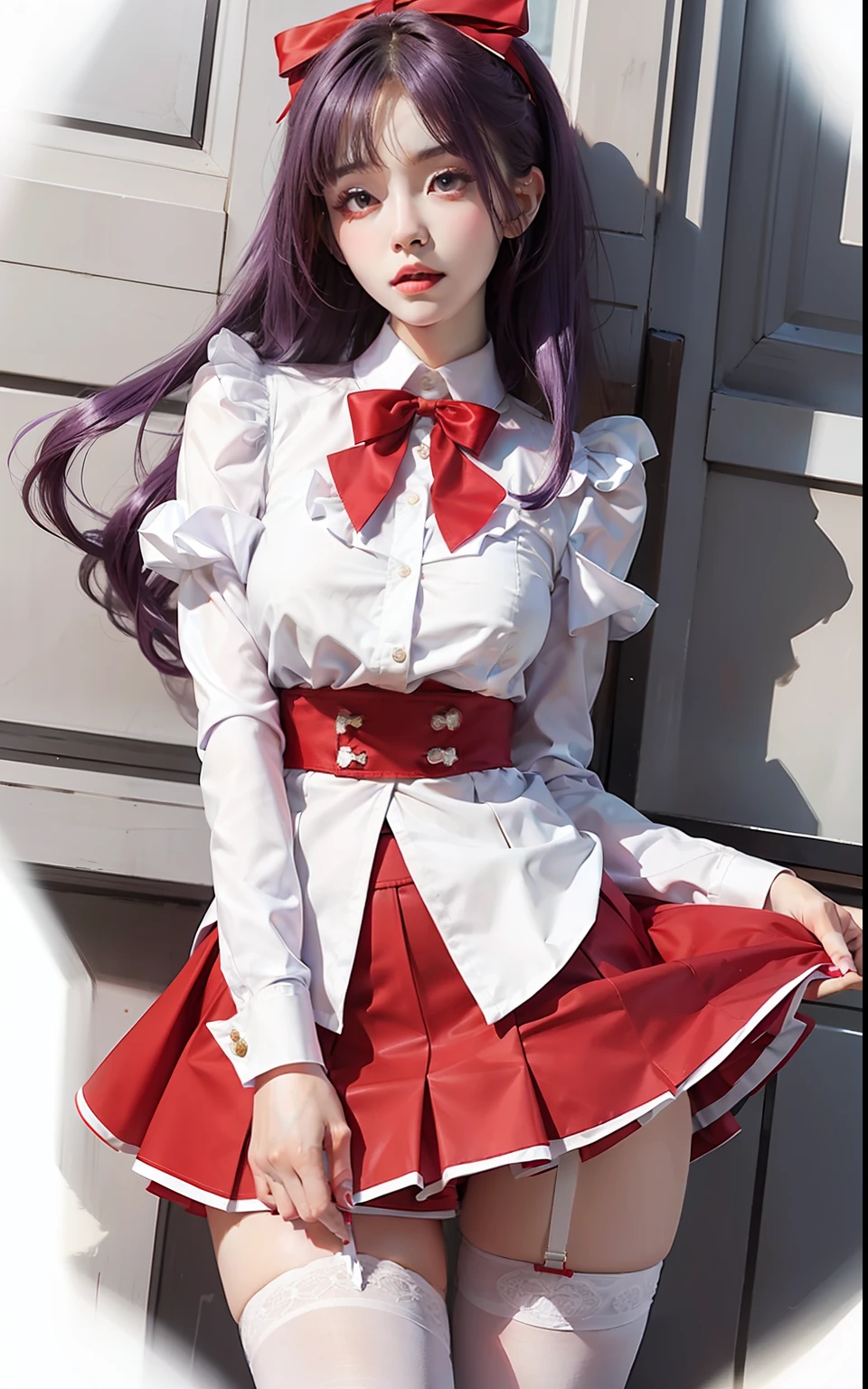 Short thin purple hair，red bow，White color blouse，Red skirt，black lence stockings