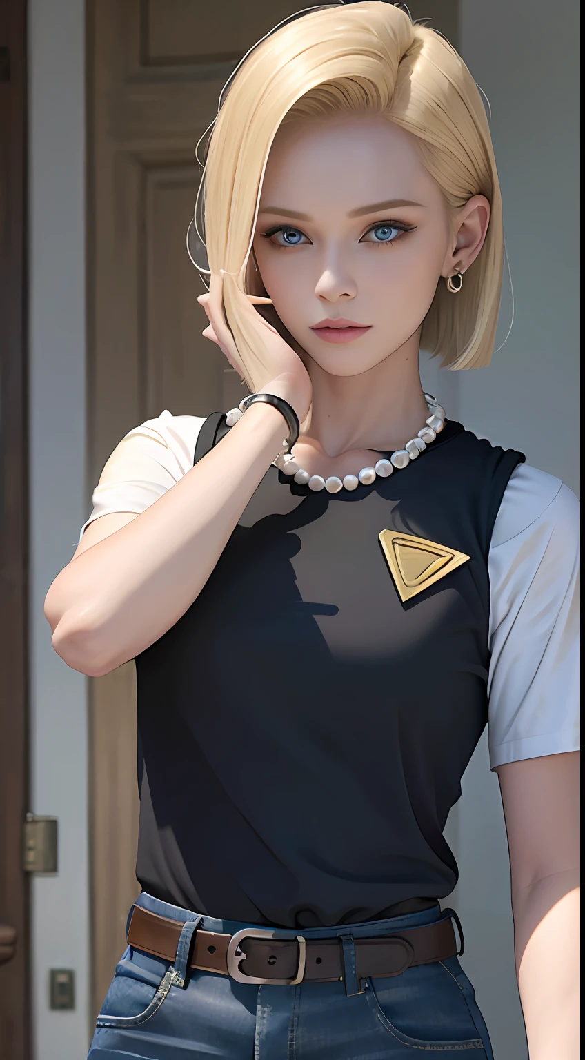 8k, real picture, intricate details, ultra-detailed,(photorealistic),
and18, 1girl, android 18, blonde hair, blue eyes, belt, jeans, pearl_necklace, bracelet, black gloves, white shirt, short hair, short sleeves, earrings, blue pants, open vest, black vest,
peace, sign