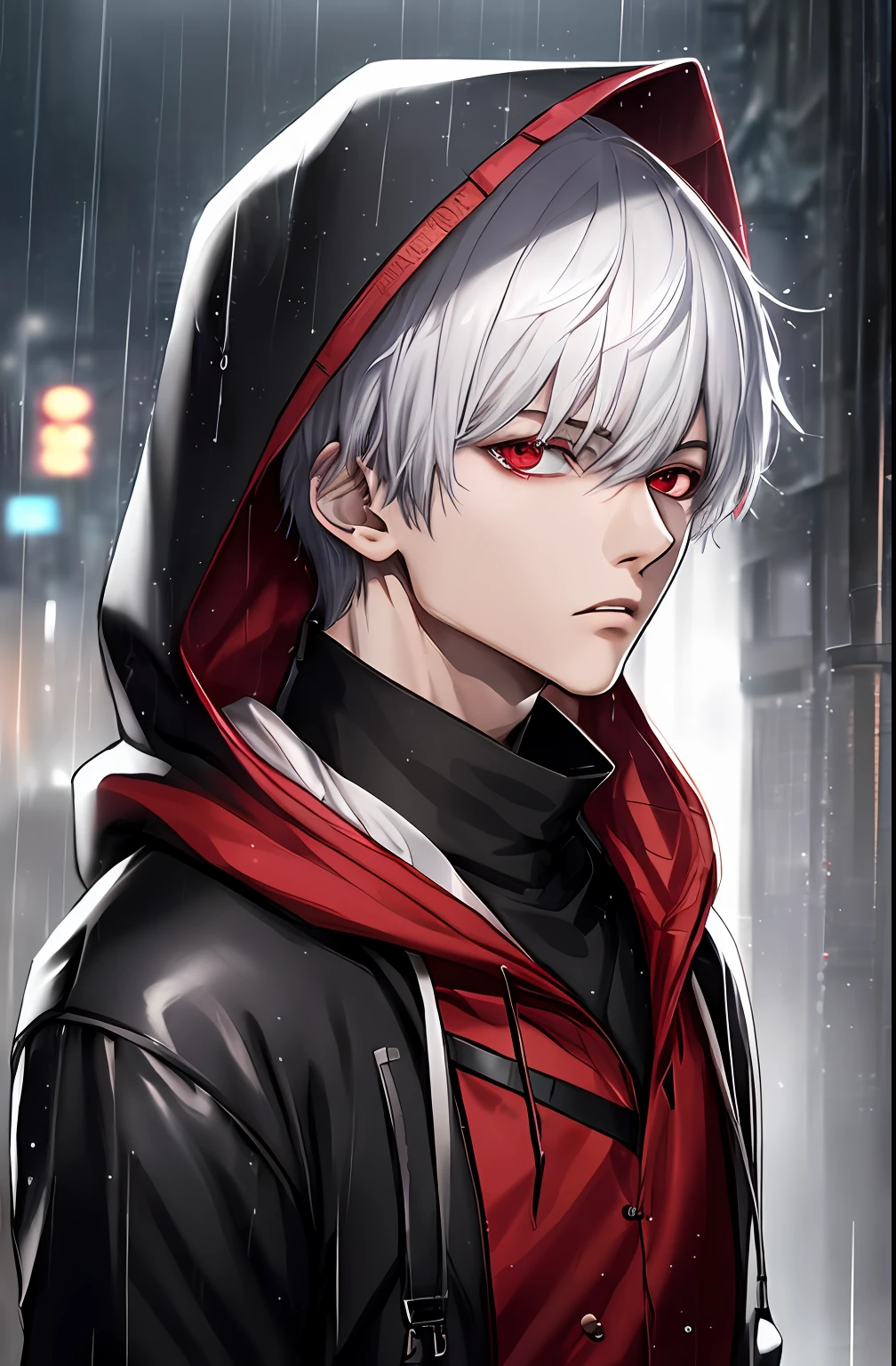 kk, best quality, more details, masterpiece, 1boy, kaneki ken, portrait, male focus, red eyes, solo, bangs, looking at viewer, hood, short hair, rain, tokyo tokyo \(city\),  hood up, nail polish, white hair, luxurious, 8k, detailed, ray tracing, depth of field, cinematic lighting,