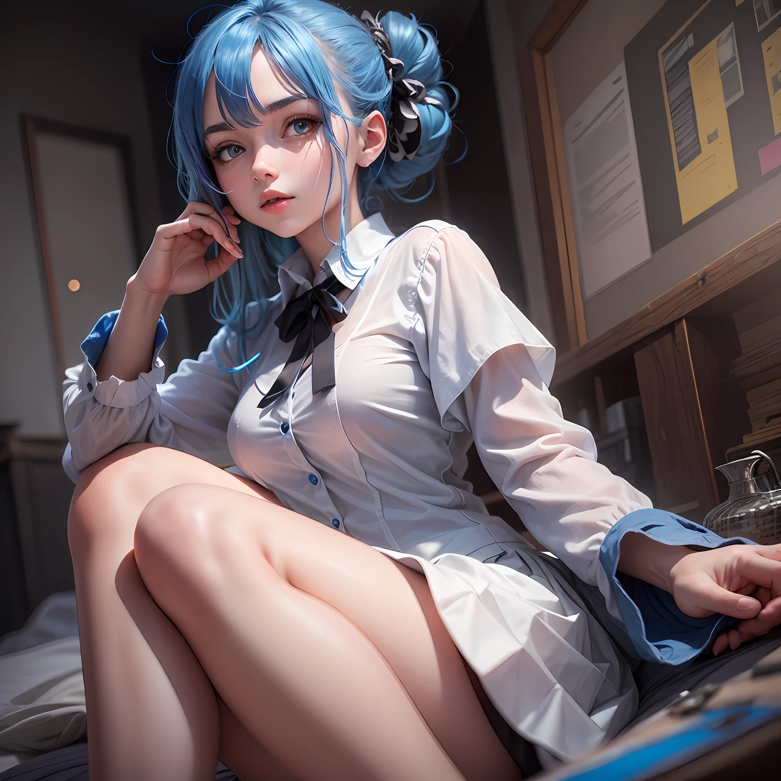 ((masterpiece)),(best quality),(detailed),(1girl),  blue hair, blue glowing eyes, Updo, white shirt, black skirt, looking down on the viewer