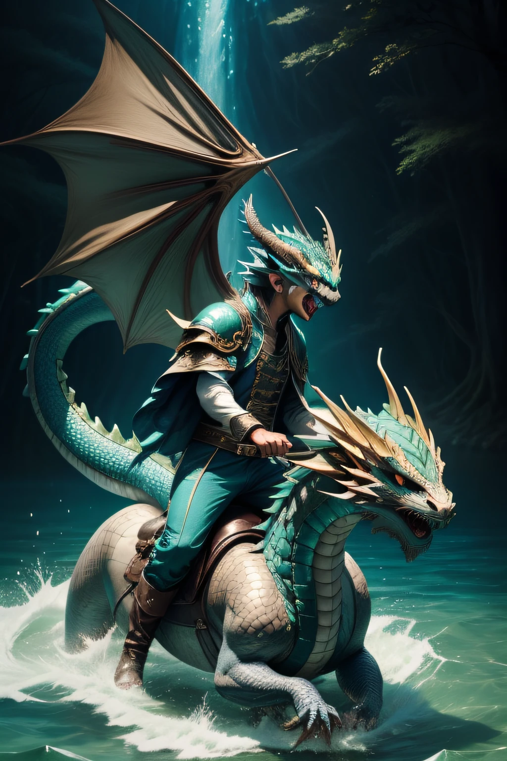 prompt dragon water swimming, dragon water color blue mix green, ((have a boy ride on dragon hear)), boy wear wizand luxury suit color gray mix blue, have hat look like dragon, and hold mage like dragon stone.