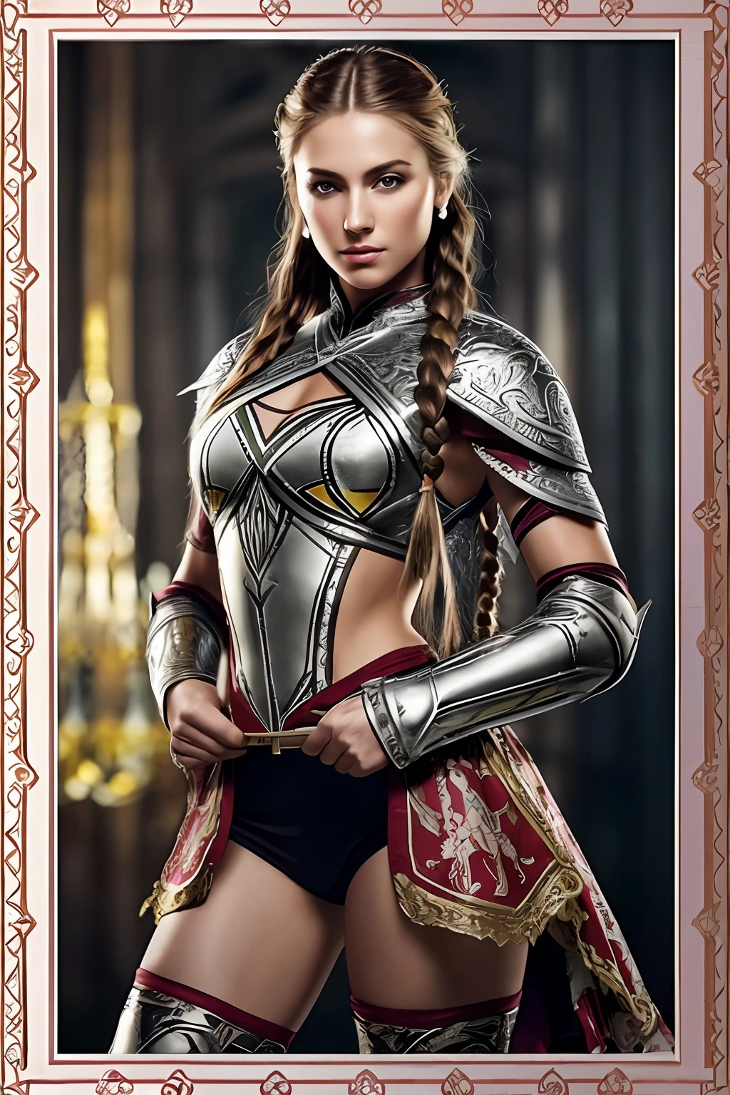 tmasterpiece,best qualtiy,hdr, hyper HD, 8K,Bokeh,Ultra-fine painting,Sharp focus,Physically-based rendering,Extreme detail description,1 female paladin,Raised sexy,ride horse,sabre,Light silver armor,(Richly decorated armor:1.5),(The print pattern is delicate and beautiful:1.5),red brown hair,Long, Thick braids,A detailed eye,Straight nose,perfect bodies,((Battlefield fighting:1.5)),