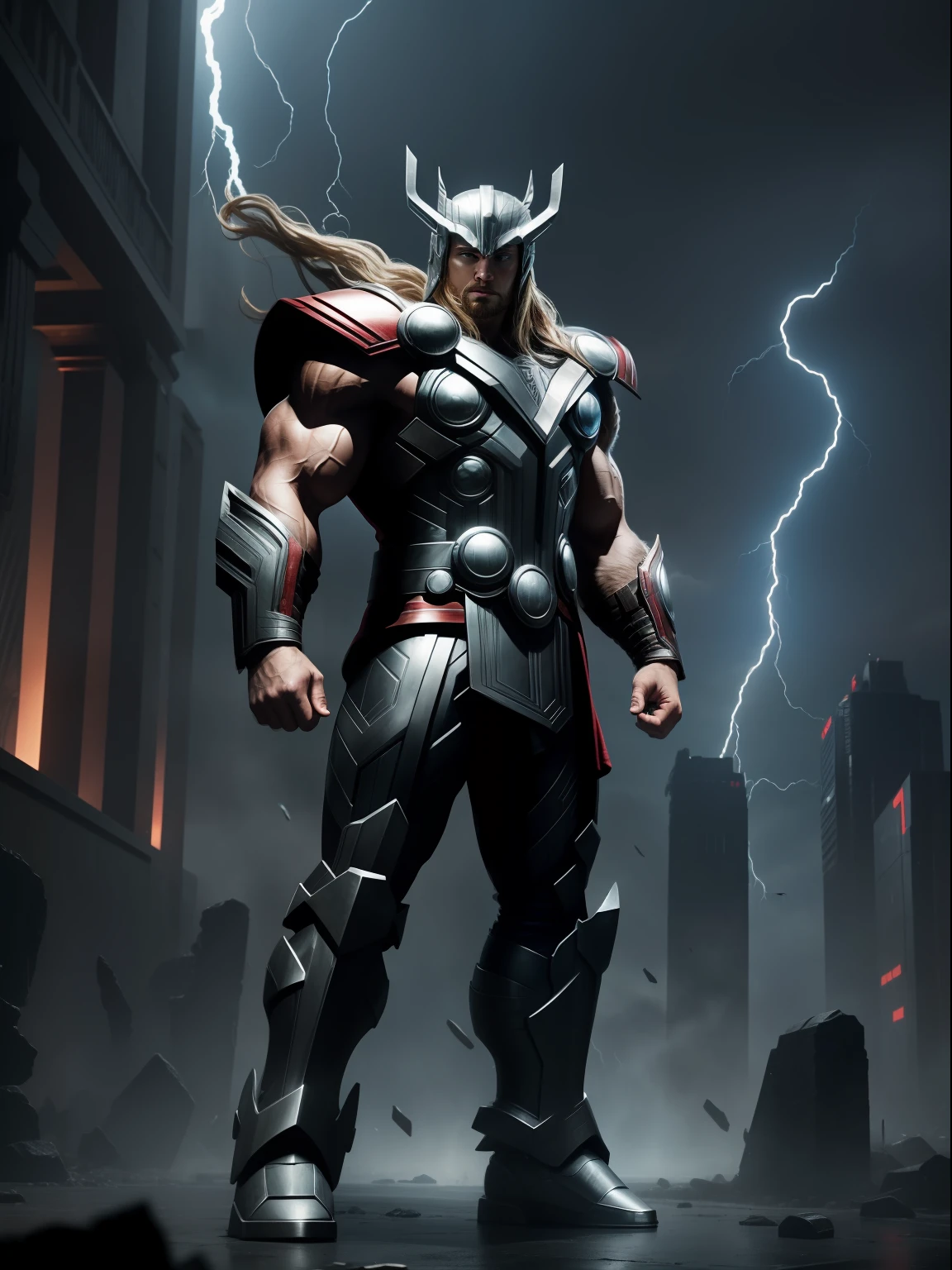 A dramatic Transformers as thor, center, rendered in a cinematic style with extreme realism and detail, full body shot