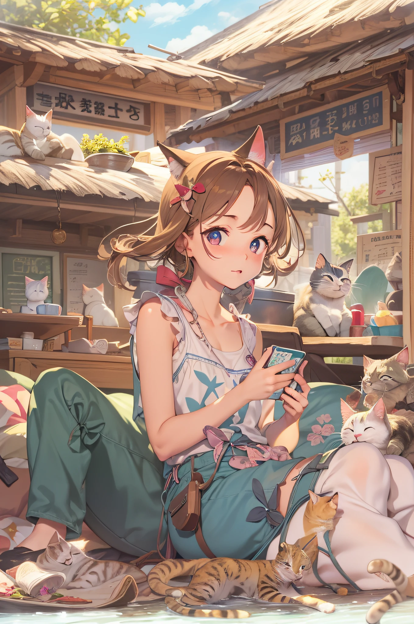 Girl watching TV、summer vacation、With cats