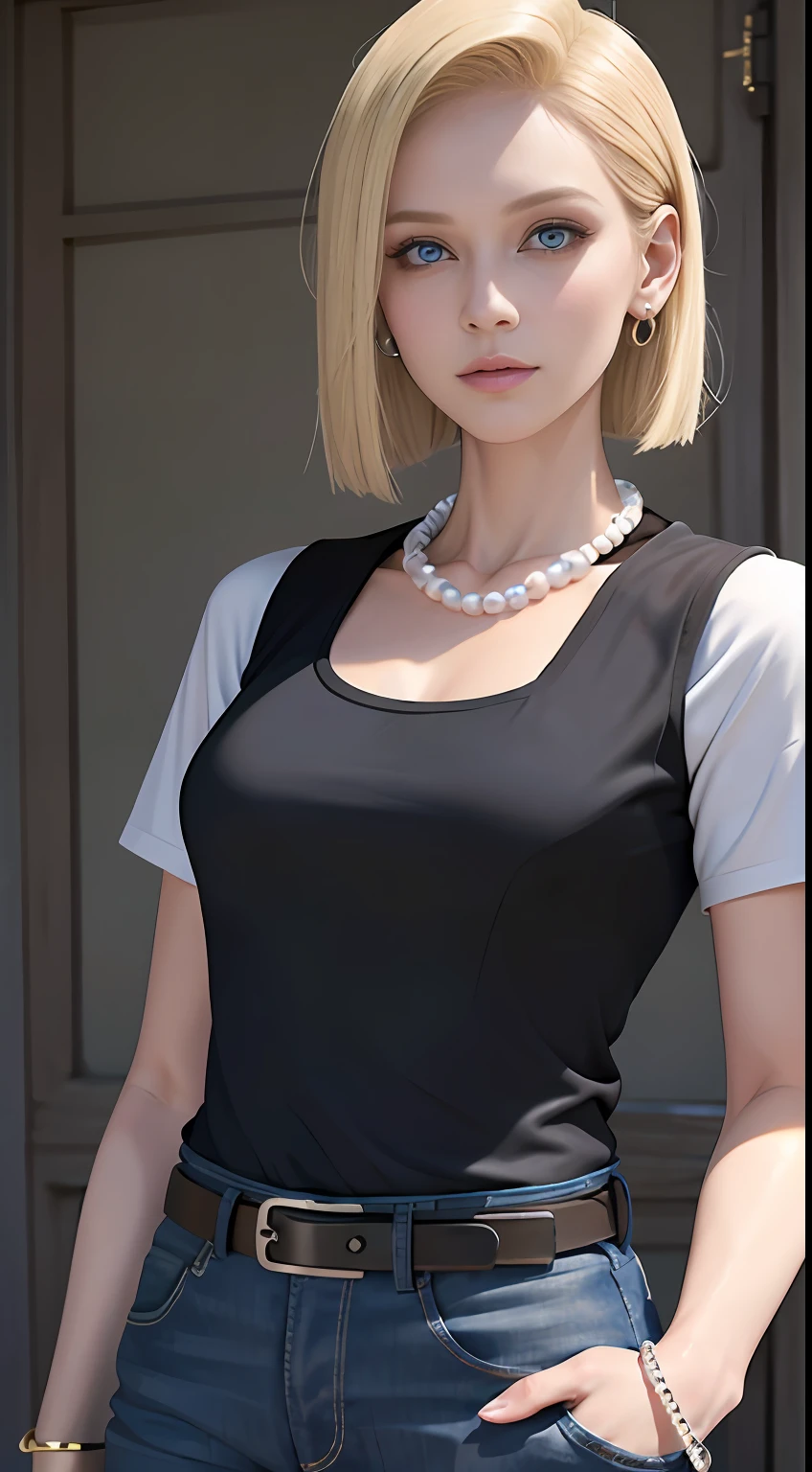 8k, real picture, intricate details, ultra-detailed,(photorealistic),
and18, 1girl, android 18, blonde hair, blue eyes, belt, jeans, pearl_necklace, bracelet, black gloves, white shirt, short hair, short sleeves, earrings, blue pants, open vest, black vest,
peace, sign