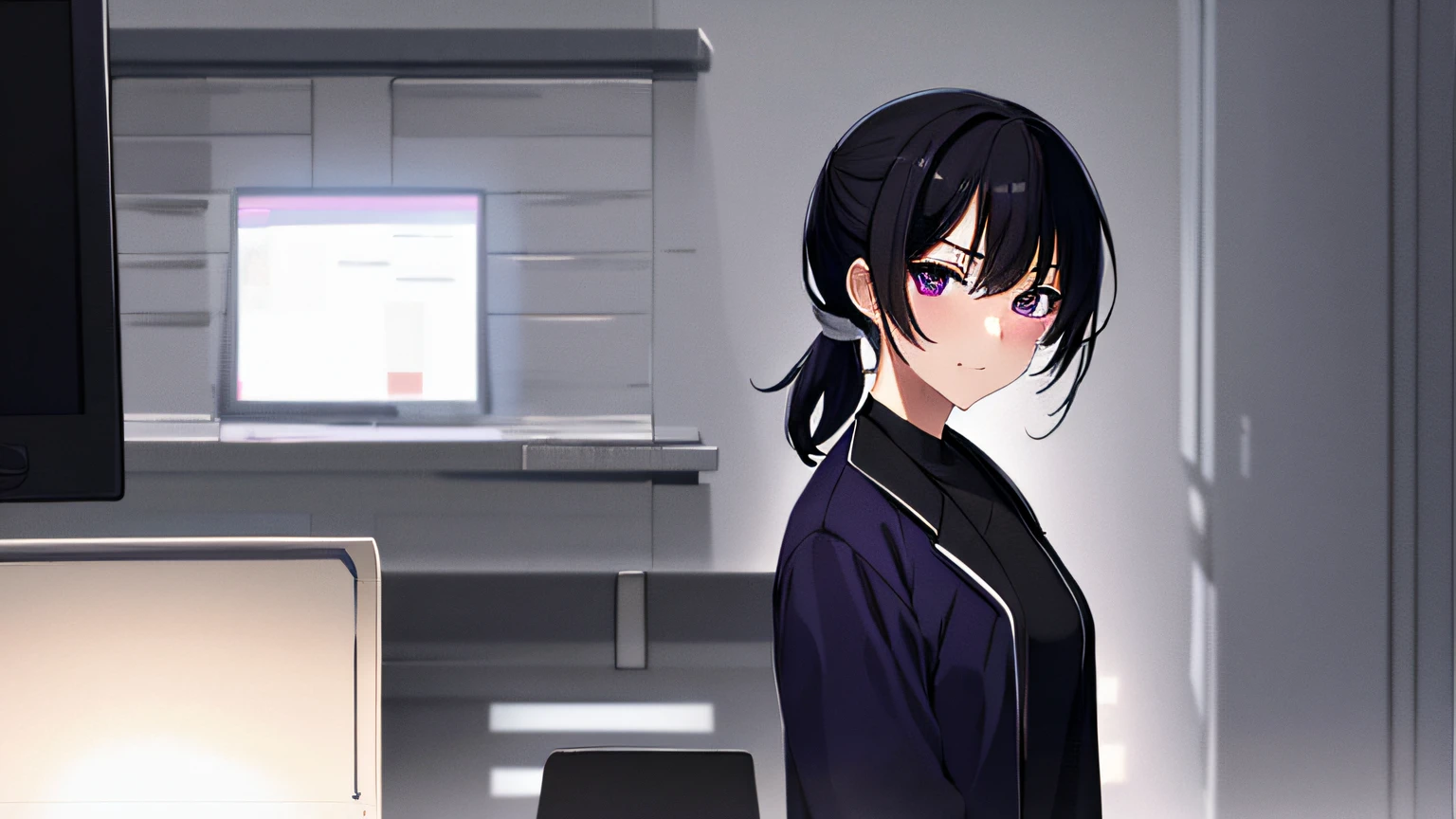 masterpiece, high quality, 8k, beautiful lighting, doga kobo, anime scene, 1girl, solo, hashimoto_mai, black hair, very short ponytail hair, small to medium breast, purple eyes, white pharmacist coat, pov, outlet, annoyed, irritated, counter, computer, looking at viewer