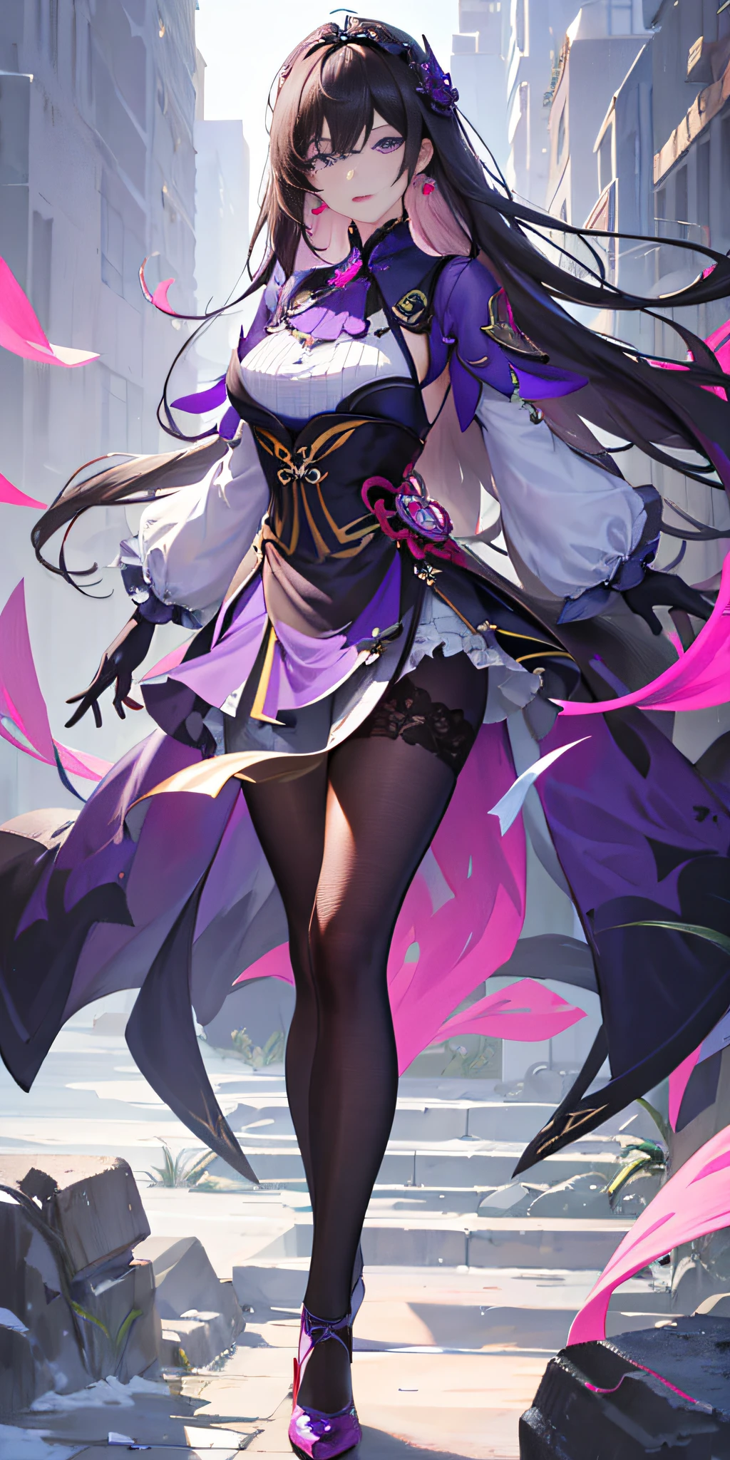 ulzzang-6500-v1.1, keqing_\(genshin_impact\),(raw photo:1.2),((photorealistic:1.4))best quality ,masterpiece, illustration, an extremely delicate and beautiful, extremely detailed ,CG ,unity ,8k wallpaper, Amazing, finely detail,best quality,official art,extremely detailed CG unity 8k wallpaper,absurdres, incredibly absurdres, huge filesize, ultra-detailed, highres, extremely detailed,beautiful detailed girl, extremely detailed eyes and face, beautiful detailed eyes,light on face,cinematic lighting,1girl,full body,full-body shot,see-through,looking at viewer,outdoors,(purple_eyes), detached_sleeves, dress, earrings, gloves, pantyhose, high_heels. .