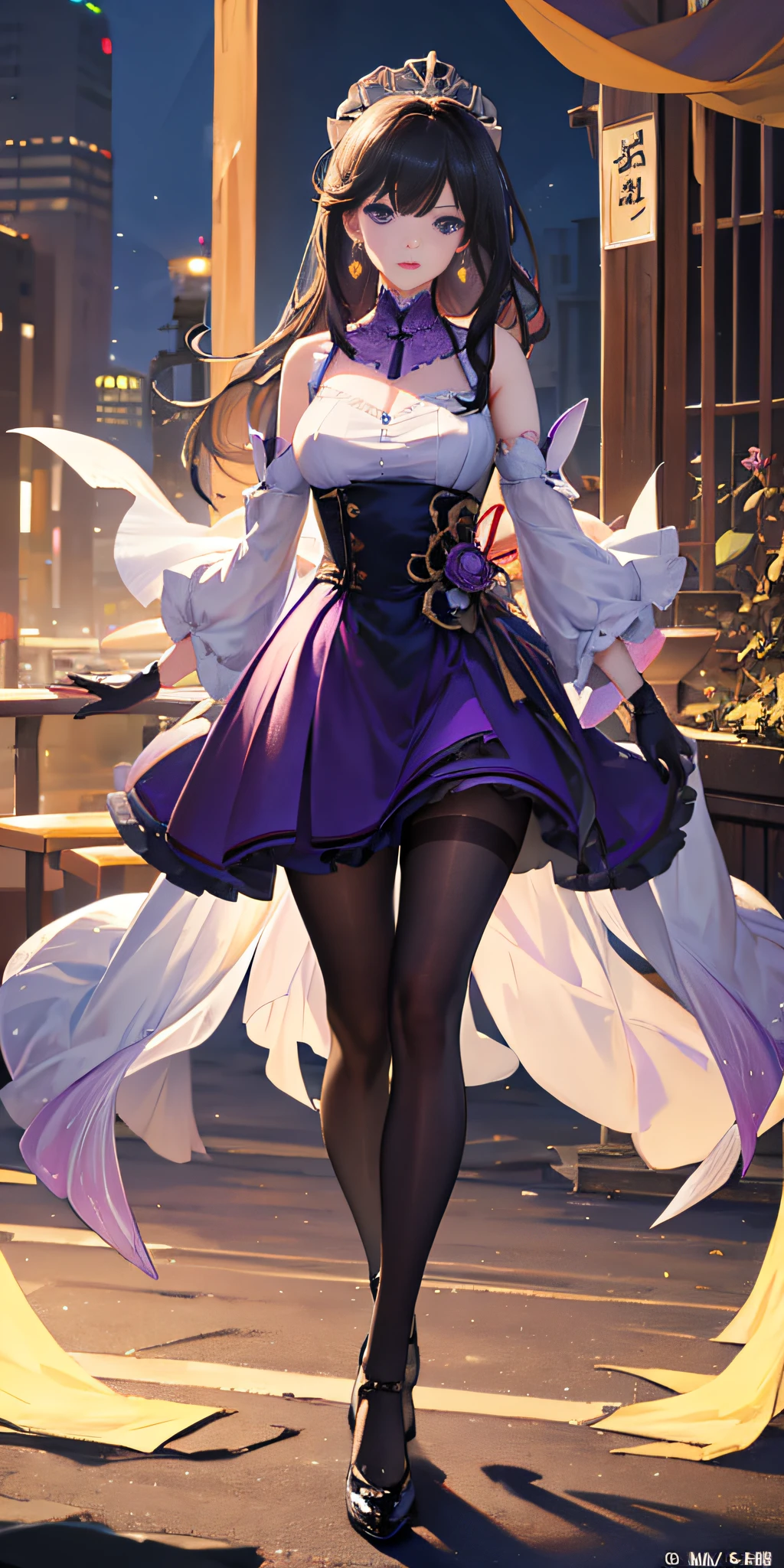 ulzzang-6500-v1.1, keqing_\(genshin_impact\),(raw photo:1.2),((photorealistic:1.4))best quality ,masterpiece, illustration, an extremely delicate and beautiful, extremely detailed ,CG ,unity ,8k wallpaper, Amazing, finely detail,best quality,official art,extremely detailed CG unity 8k wallpaper,absurdres, incredibly absurdres, huge filesize, ultra-detailed, highres, extremely detailed,beautiful detailed girl, extremely detailed eyes and face, beautiful detailed eyes,light on face,cinematic lighting,1girl,full body,full-body shot,see-through,looking at viewer,outdoors,(purple_eyes), detached_sleeves, dress, earrings, gloves, pantyhose, high_heels. .