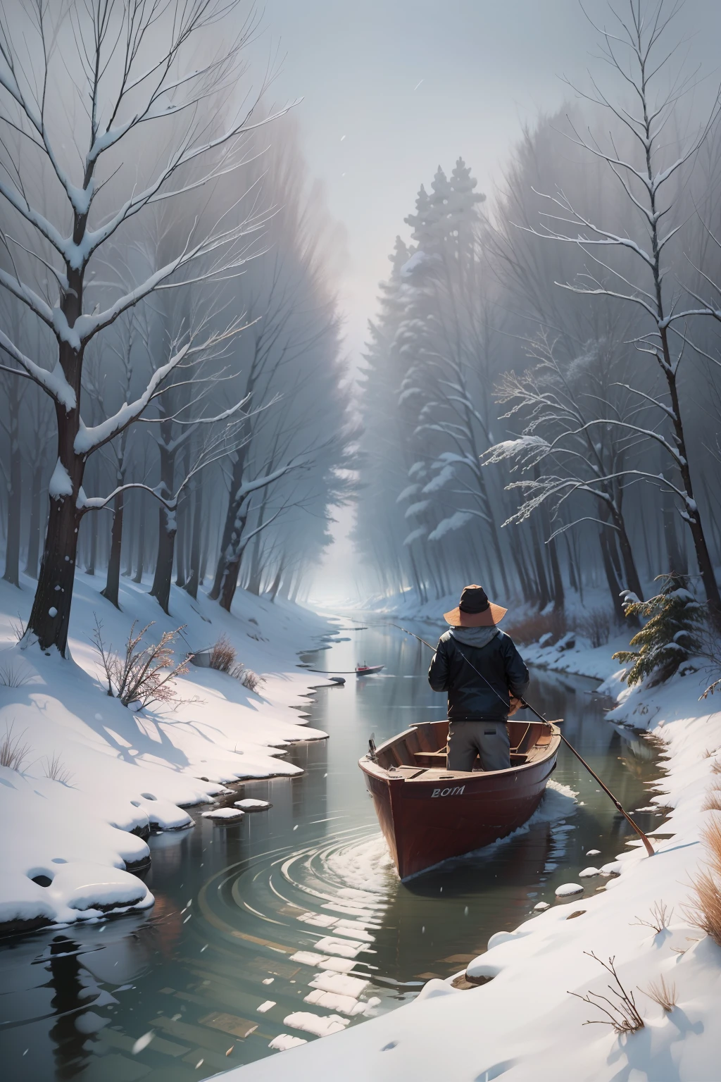 Lonely boat, fishing alone in the cold river and snow.