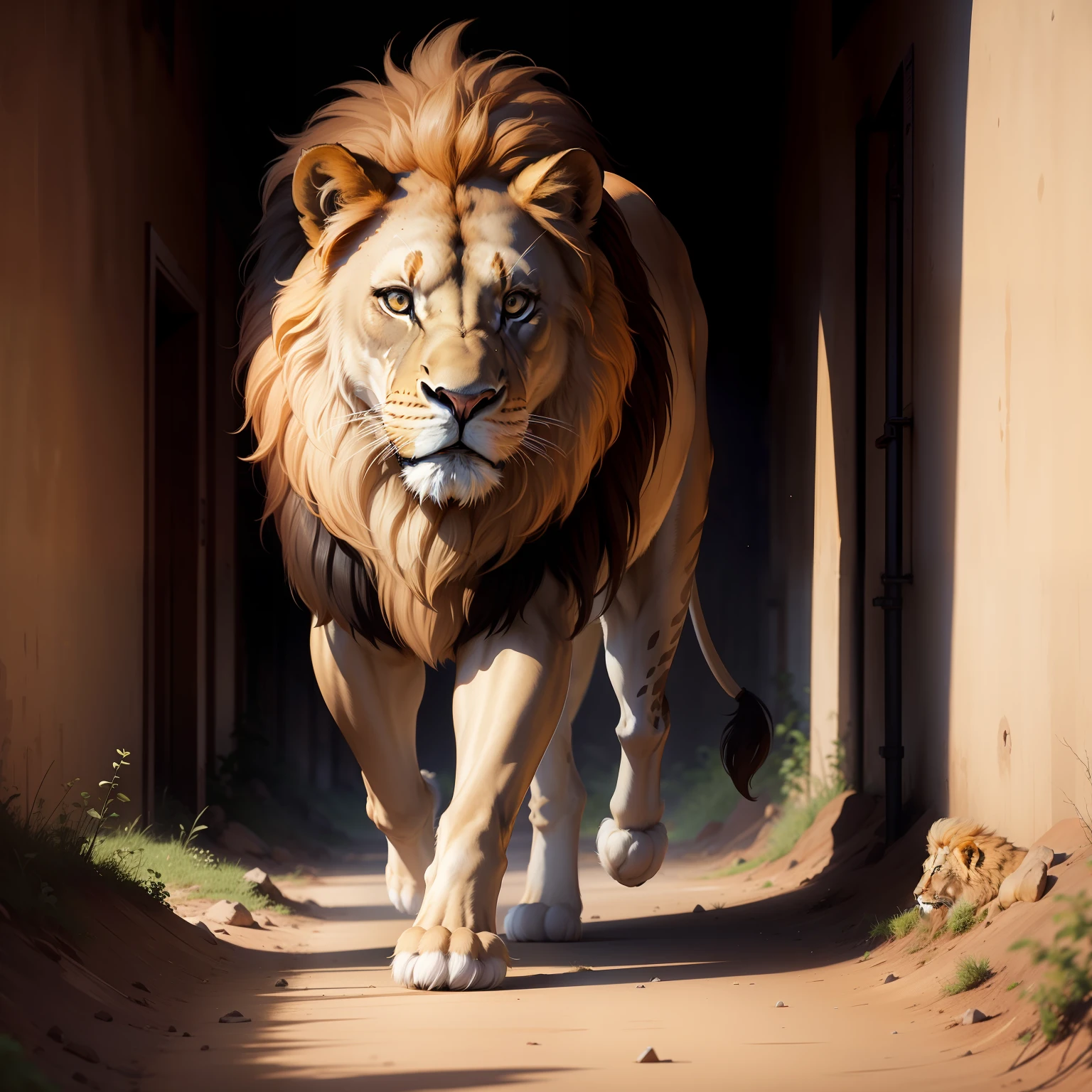 A lion walking alone towards the camera