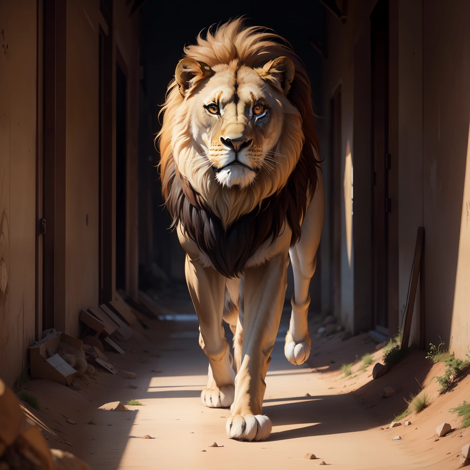 A lion walking alone towards the camera