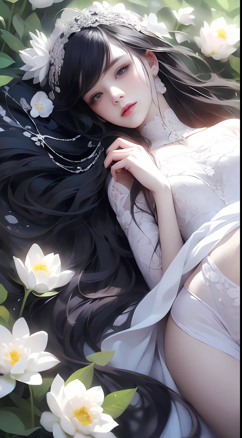 1 girl, full body photo, black hair, flowing hair, hazy beauty, extremely beautiful facial features, white embroidered dress, hairpins on her head, lying in a flower bush, hand dragging chin, perfect hand, white flower, (spring, rainy day, terraces, mountains), simple vector art, contemporary Chinese art, soft light, entangled scarf, overlook