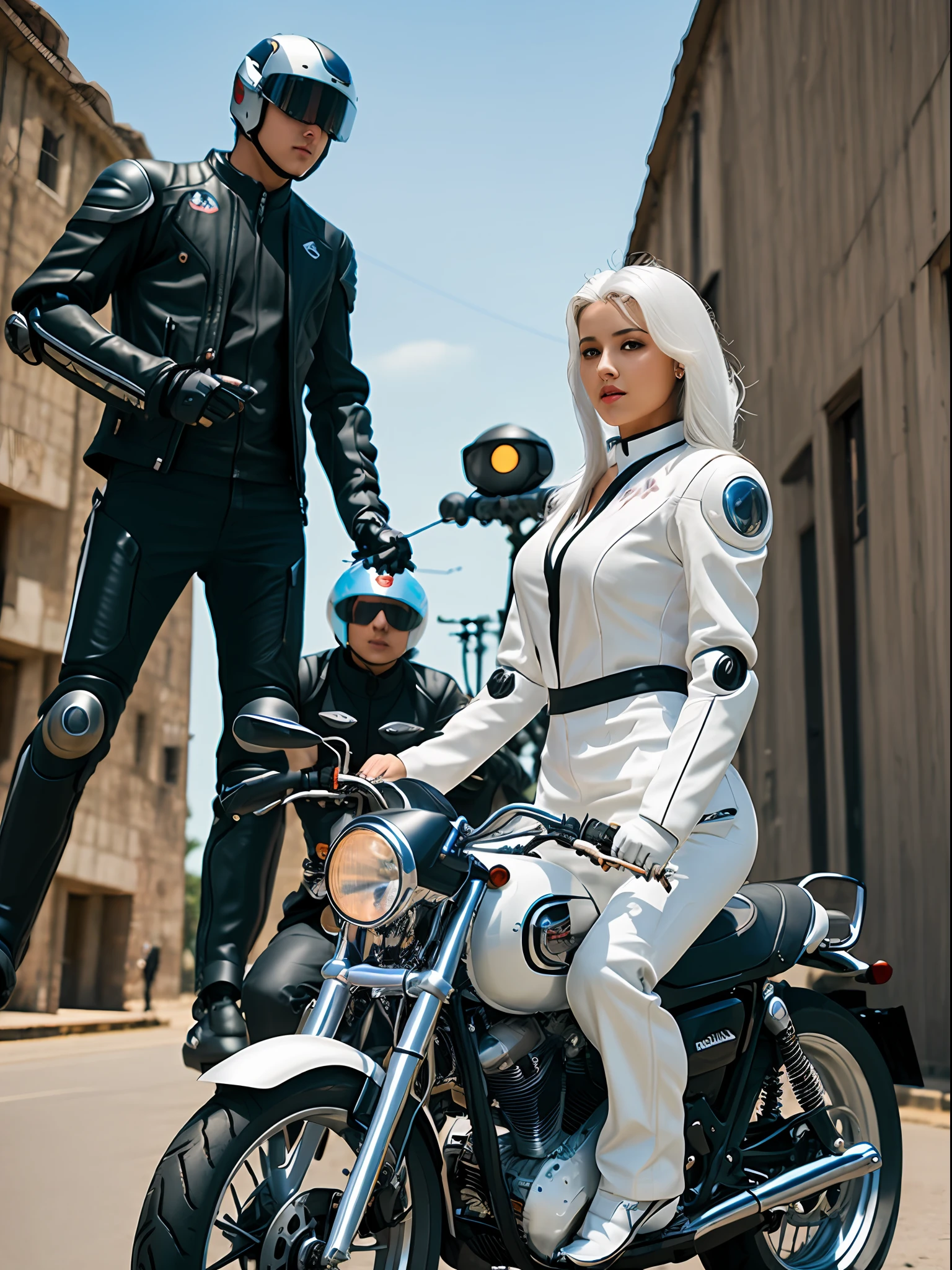A beautiful woman with white hair riding a handsome motorcycle stands a robot behind her