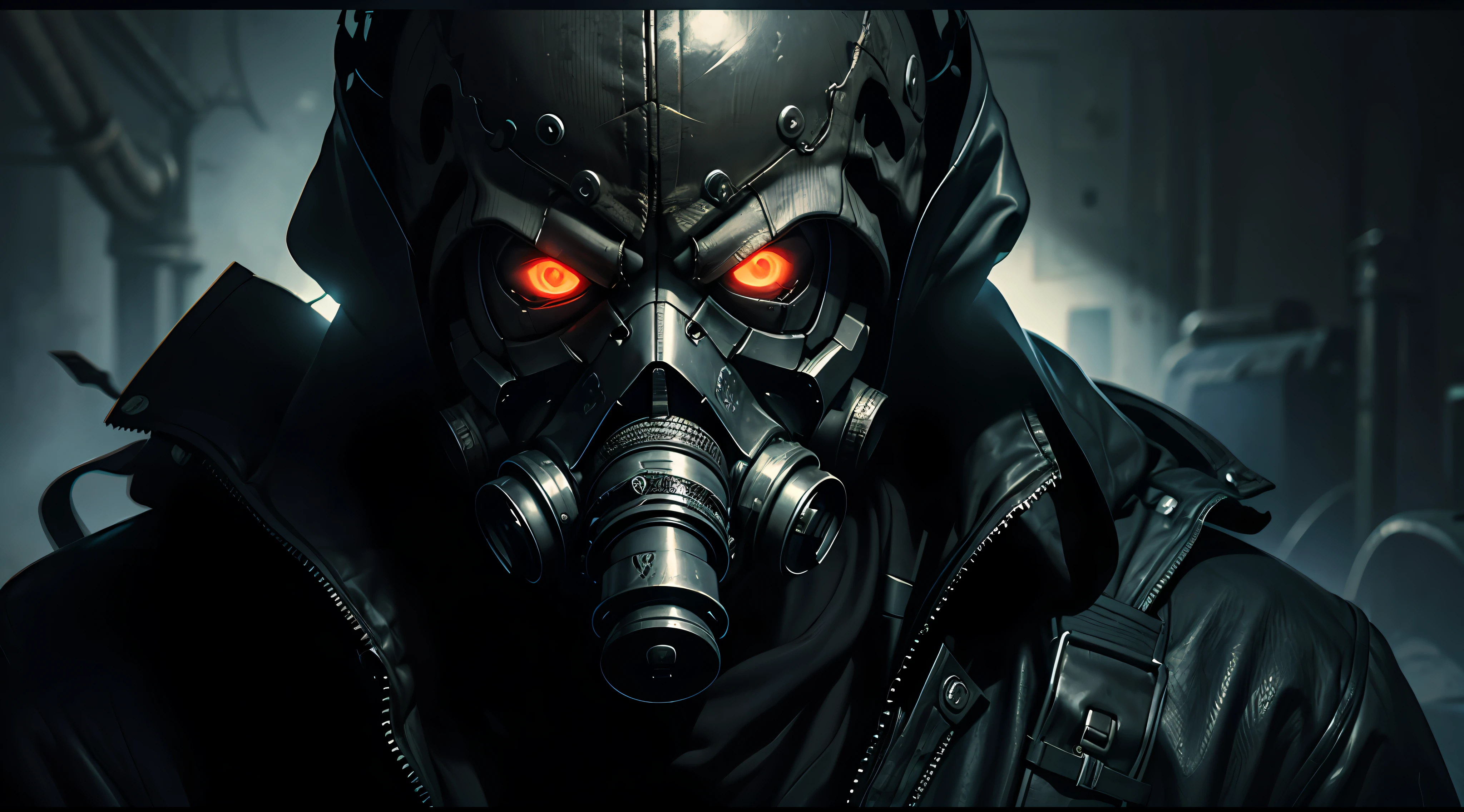 (semi-realistic illustration artwork), 1 man, skull face, Gas mask, glowing eyes, Heavy Dark Circles, macabre, wallpaper, upper body, dark fantasy art