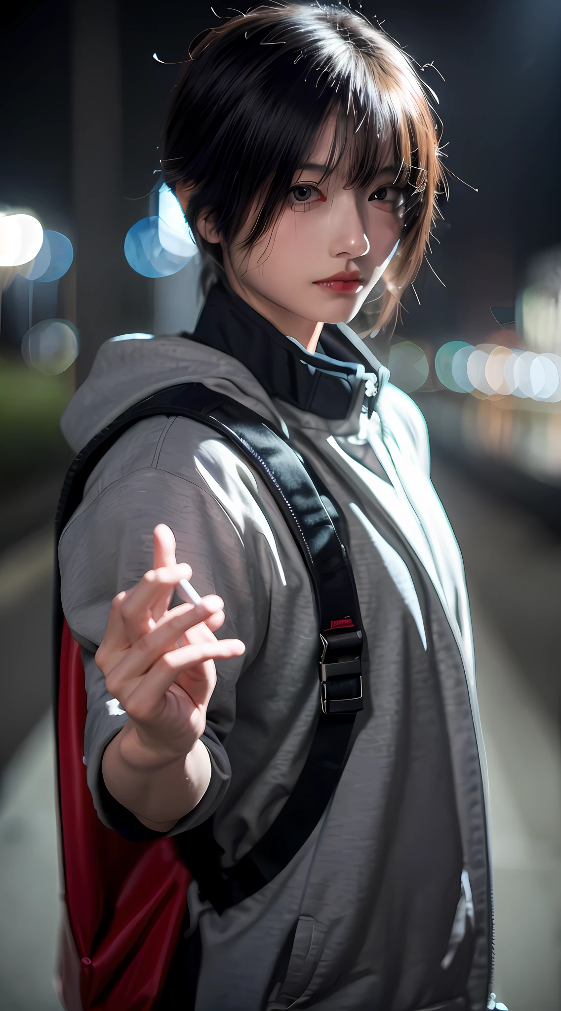 1girl, helmet, hood, solo, spacesuit, short_hair, bangs, jacket, upper_body, white_hair, bag, blurry, coat, grey_eyes, blurry_background, backpack, zipper, urban techwear, smoking,