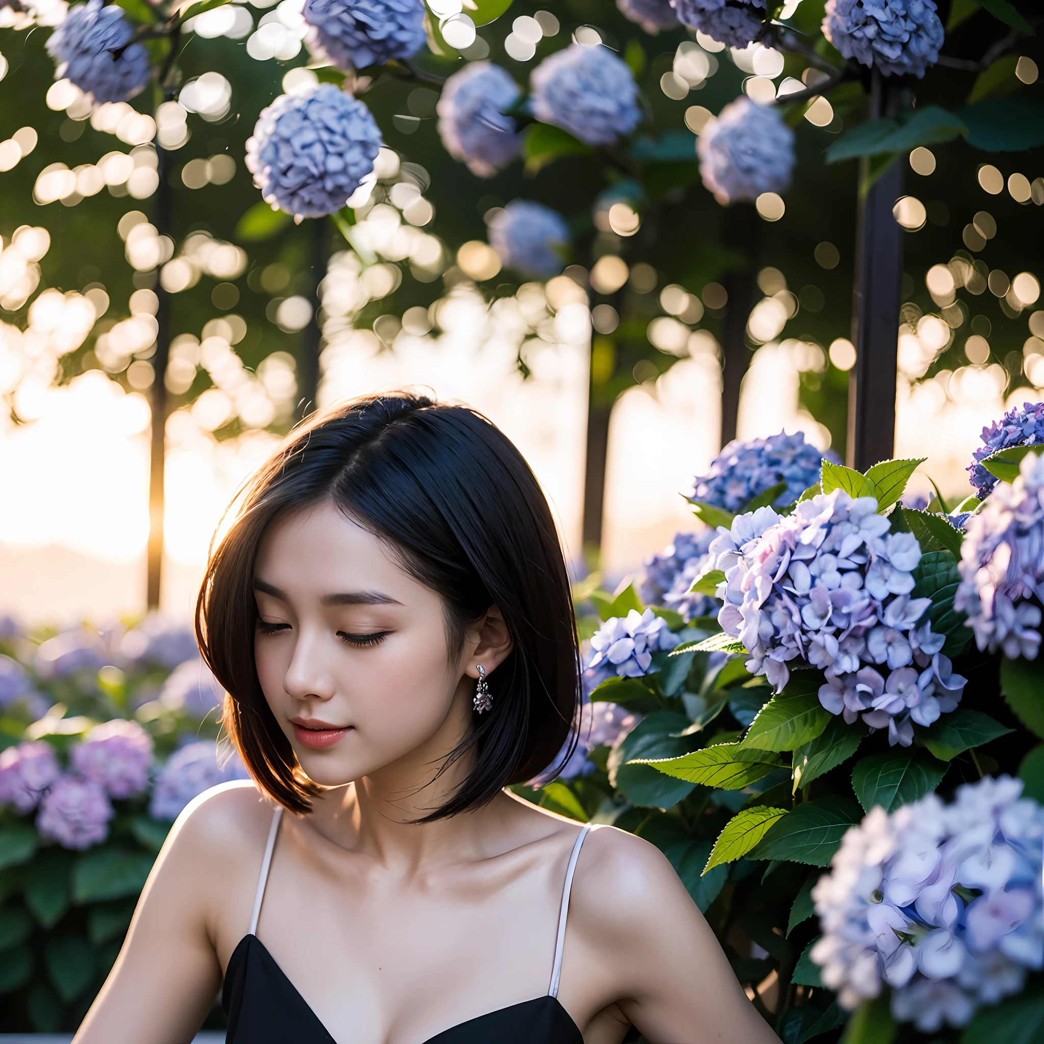 (((Upper body photo, medium shot)))), ((Single eyelid))),(Sunset backlight))),((Lens flare)),((Lens flare)),(In Chinese garden in china clothes)),((Super Soft Focus))))), smiling, (Profile)))))), (Eyes closed)))), twilight, showeringSurrounded by colorful hydrangeas, hydrangeas in the background, ((soft sunset)), (yinchuan:1.5), masterpiece, best quality, raw photo, photorealistic, face, beautiful girl, cute, short hair, (((depth of field)))), high resolution, ultra detail, fine detail, very detailed, cinematic lighting