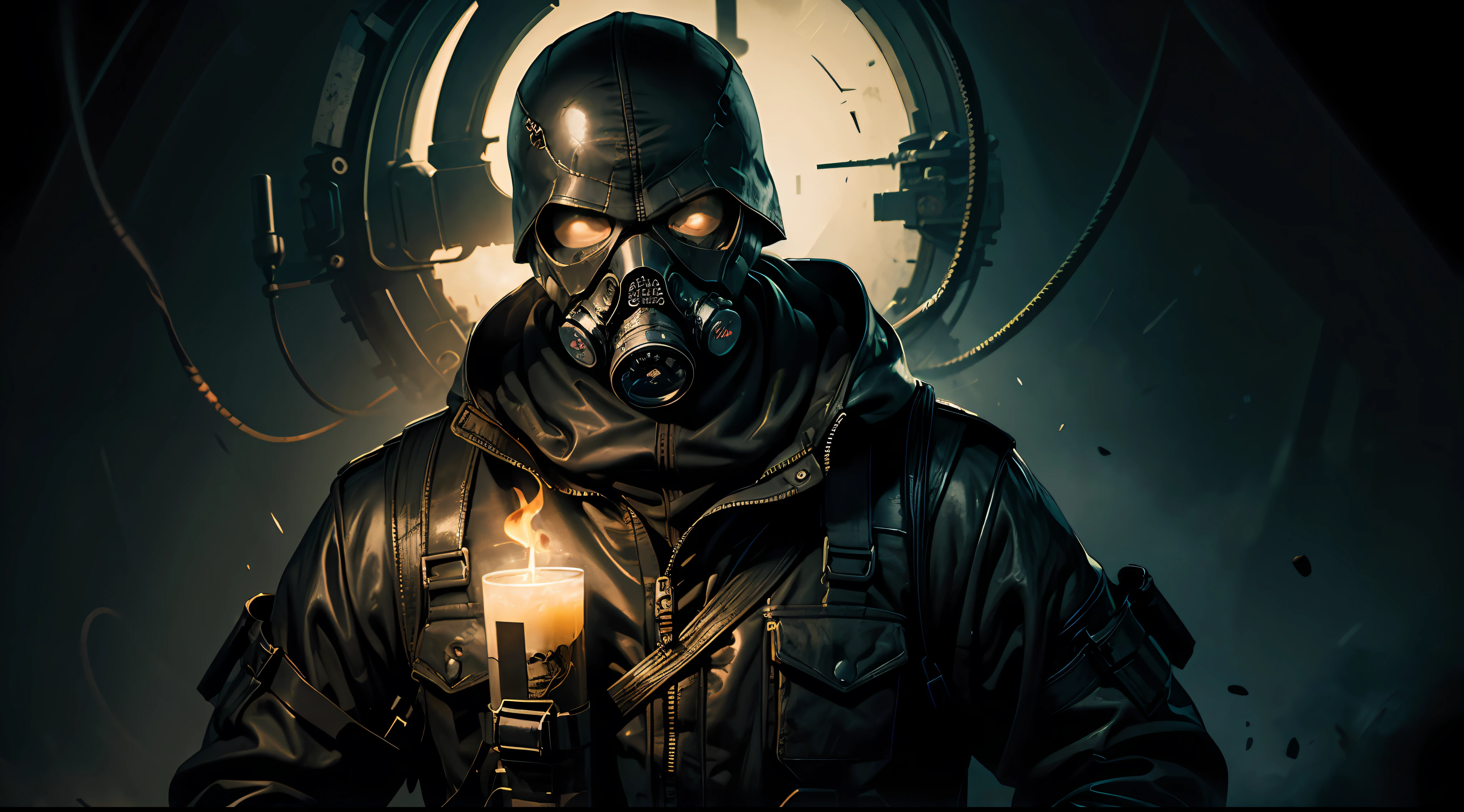 (semi-realistic illustration artwork), 1 man, skull face, Gas mask, glowing eyes, Heavy Dark Circles, macabre, wallpaper, upper body, dark fantasy art