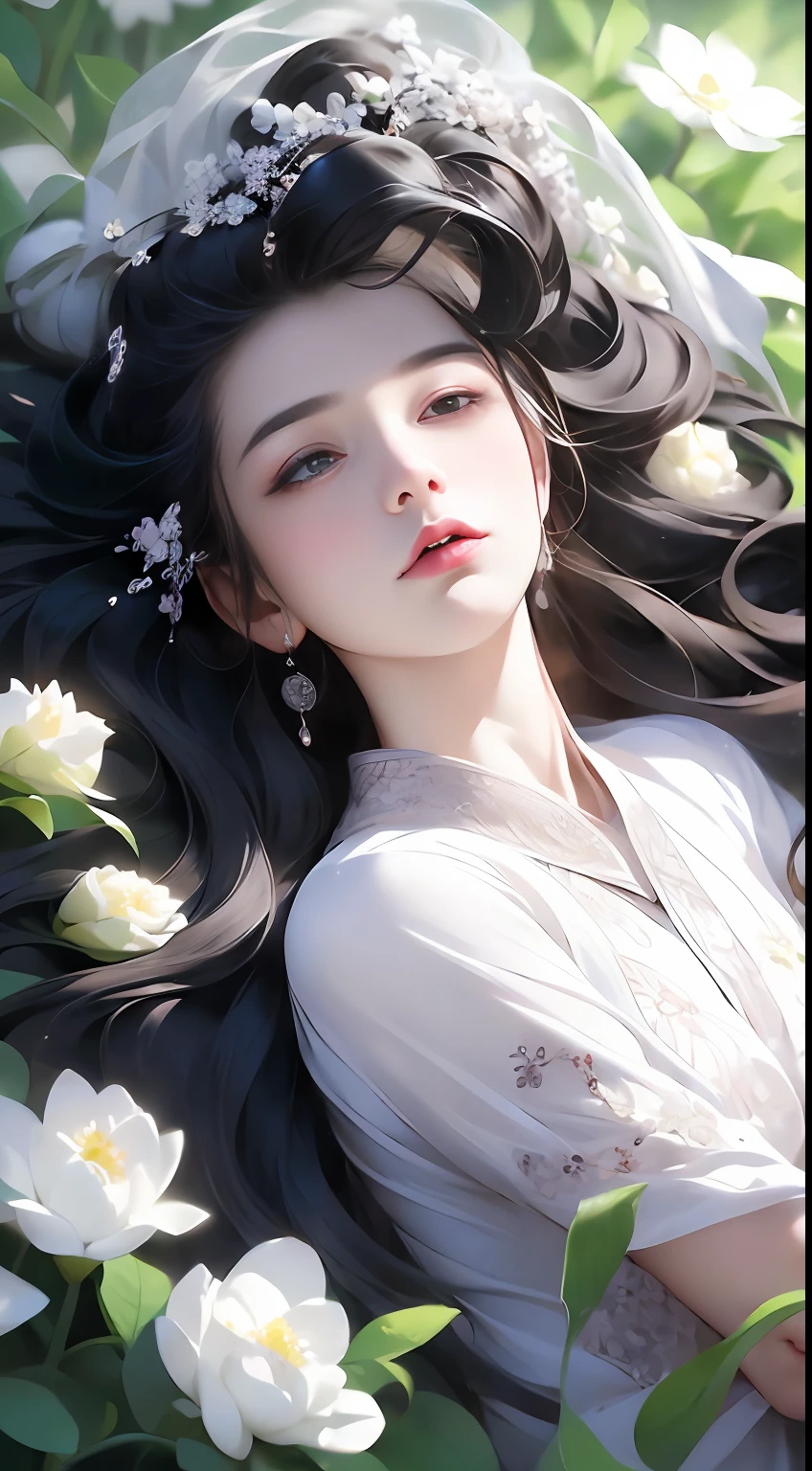 1 girl, full body photo, black hair, flowing hair, hazy beauty, extremely beautiful facial features, white embroidered dress, hairpins on her head, lying in a flower bush, hand dragging chin, perfect hand, white flower, (spring, rainy day, terraces, mountains), simple vector art, contemporary Chinese art, soft light, entangled scarf, overlook