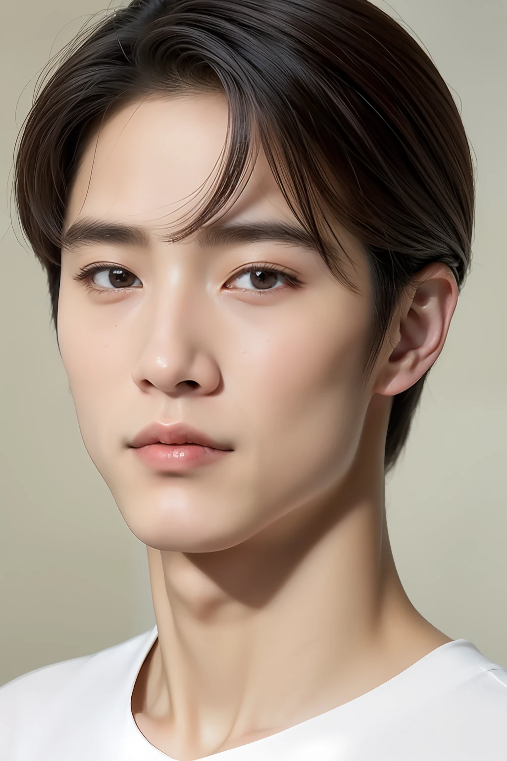 top-quality, masterpiece, 超A high resolution, (realisitic: 1.4), Original photo, wall-paper, Head Photo, The skin, simple background, Black eyes, detaileds, selfy, 1 boys, 18 years old, a handsome, Duan、a room、Amazing handsome man、Cute、Center Part、Johnny's、A face like Ryo Yoshizawa、Refreshing、not too thick eyebrows、orthodox christianity、musculature