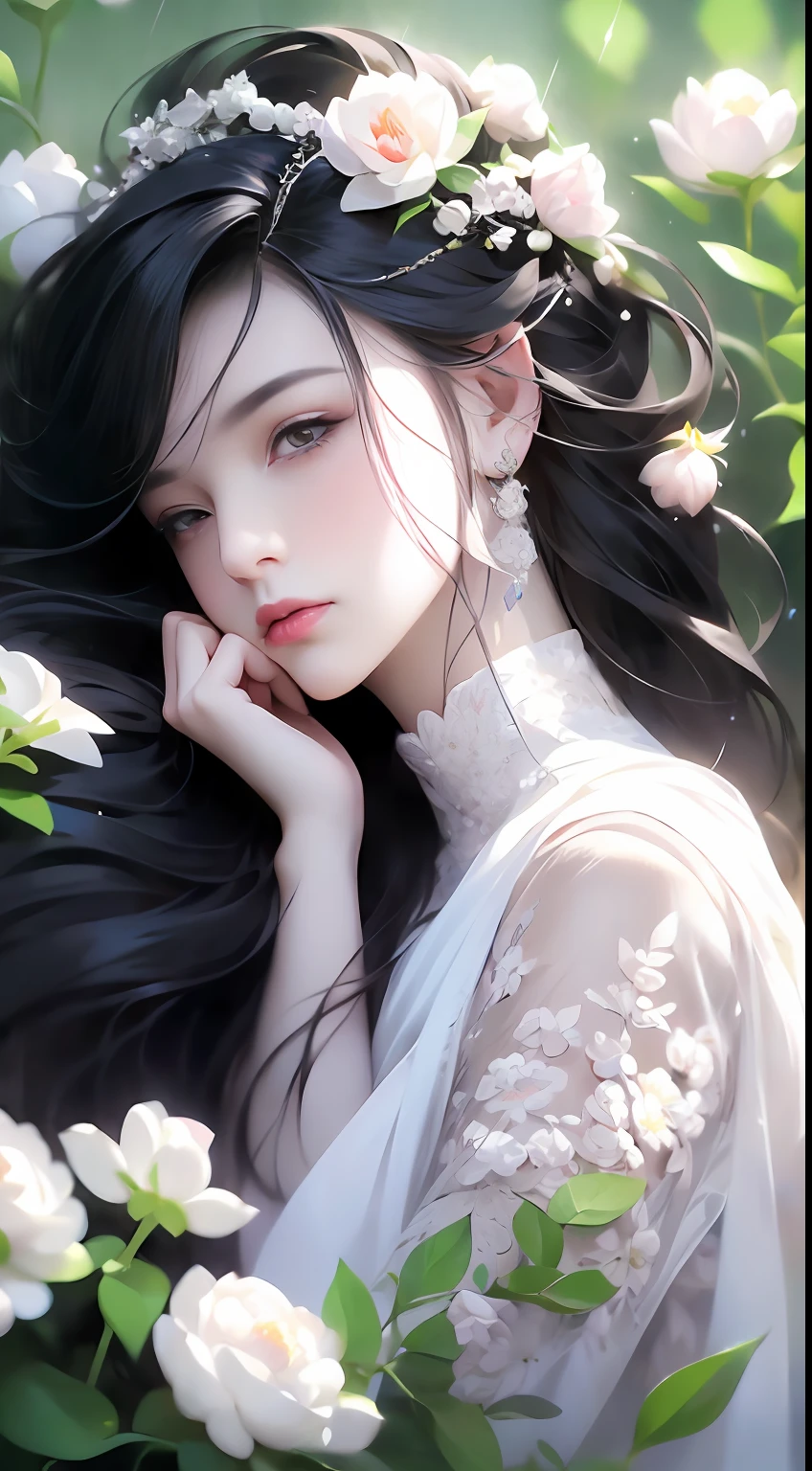 1 girl, full body photo, black hair, flowing hair, hazy beauty, extremely beautiful facial features, white embroidered dress, hairpins on her head, lying in a flower bush, hand dragging chin, perfect hand, white flower, (spring, rainy day, terraces, mountains), simple vector art, contemporary Chinese art, soft light, entangled scarf, overlook