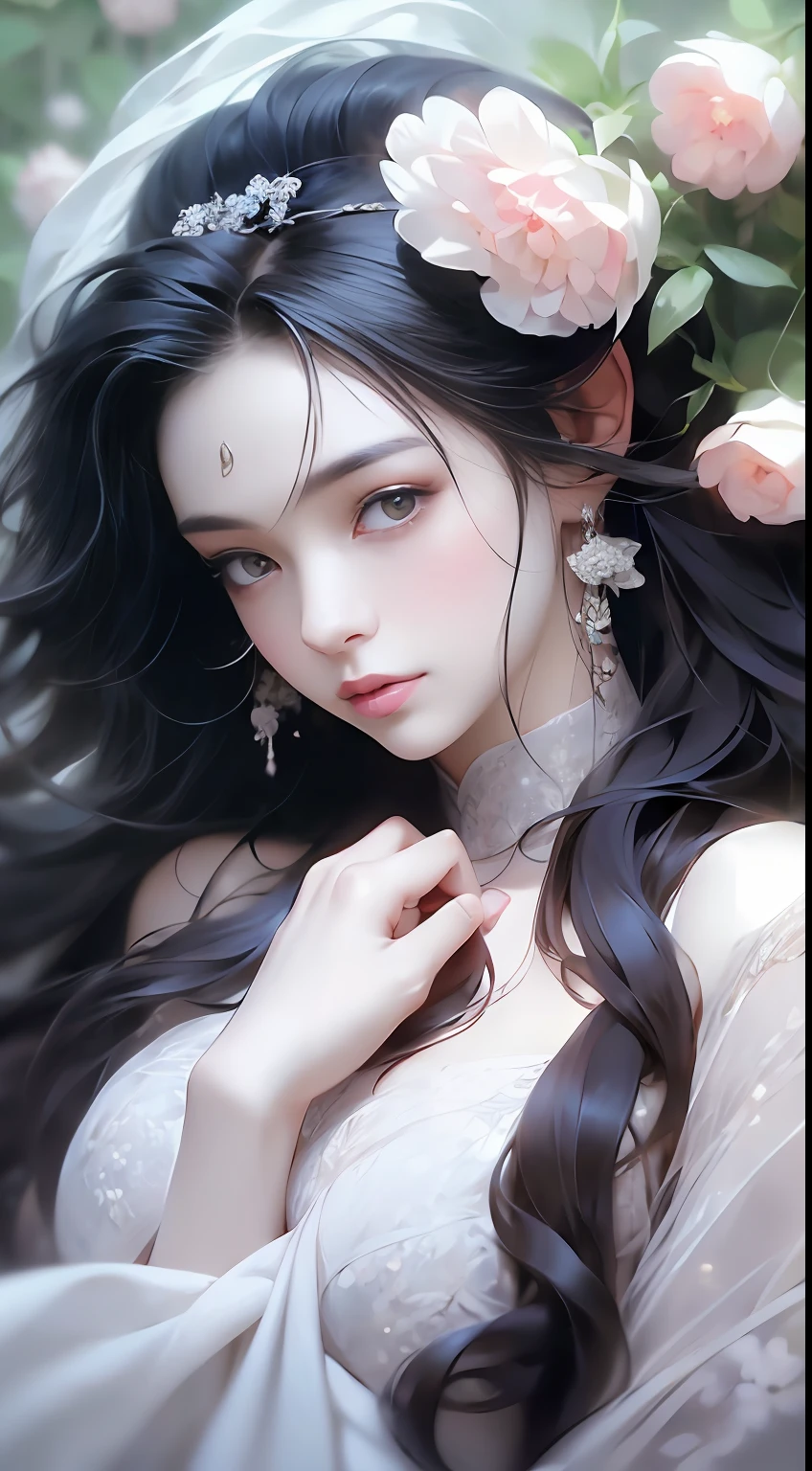 1 girl, full body photo, black hair, flowing hair, hazy beauty, extremely beautiful facial features, white embroidered dress, hairpins on her head, lying in a flower bush, hand dragging chin, perfect hand, white flower, (spring, rainy day, terraces, mountains), simple vector art, contemporary Chinese art, soft light, entangled scarf, overlook