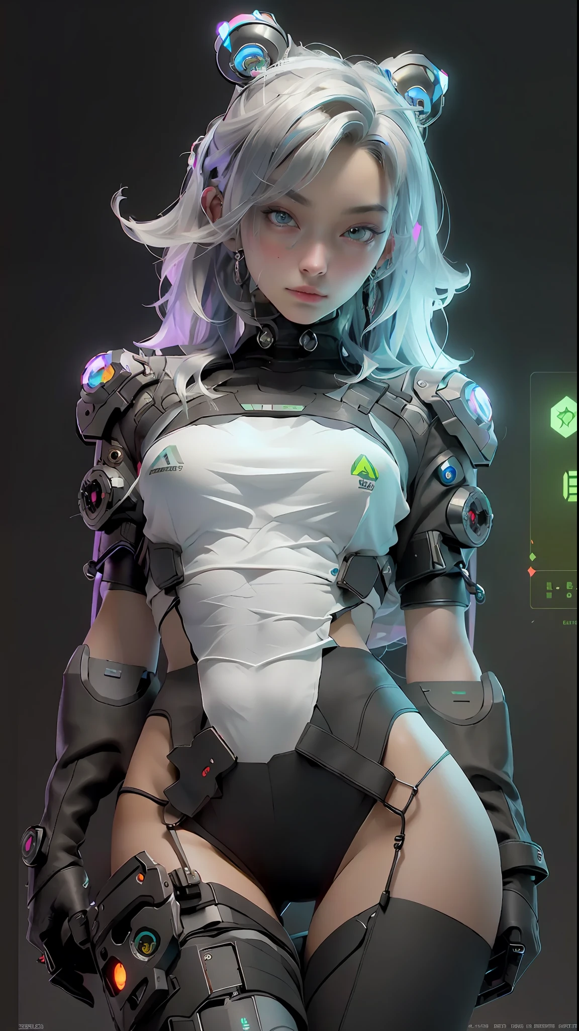 ((Best Quality)), ((Masterpiece)), (Very detailed:1.3), 3D, Beautiful (Cyberpunk:1.3) Female hacker, thick hair, half-exposed breasts, operating computer terminals, computer servers, LCD screens, fiber optic cables, corporate logos, HDR (High Dynamic Range), ray tracing, NVIDIA RTX, Super Resolution, Unreal 5, Subsurface scattering, PBR textures, Post processing, Anisotropic filtering, Depth of field, Maximum sharpness and sharpness, Multi-layered textures, Albedo and specular mapping, surface shading, accurate simulation of light-material interactions, perfect proportions, octane rendering, duotone lighting, low ISO, white balance, rule of thirds, wide aperture, 8K RAW, high efficiency sub-pixels, subpixel convolution, luminous particles,