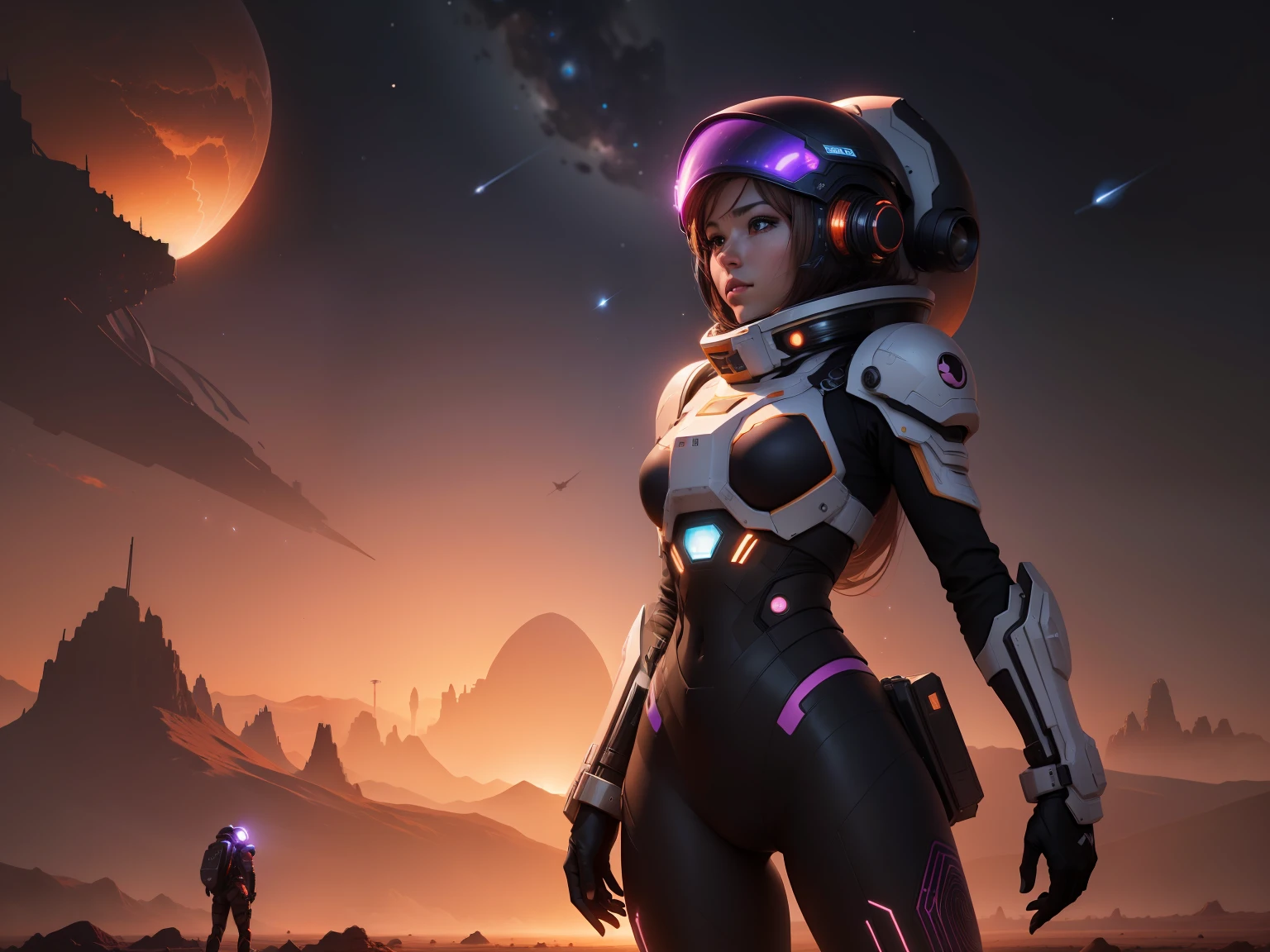 an extreme long shot of an armored female space and planet explorer in an open and large terrain, open terrain of an arid alien world with Saturn like planets visible in the night sky, sci-fi planet-scapes as far as the eye can see satellites spaceships and shooting stars, alien mega city in the distance with spiral buildings reaching to the sky, hyperdetailed photorealistic 24k resolution in the style of Ray Bradberry, orange pink inky black and purple color scheme.