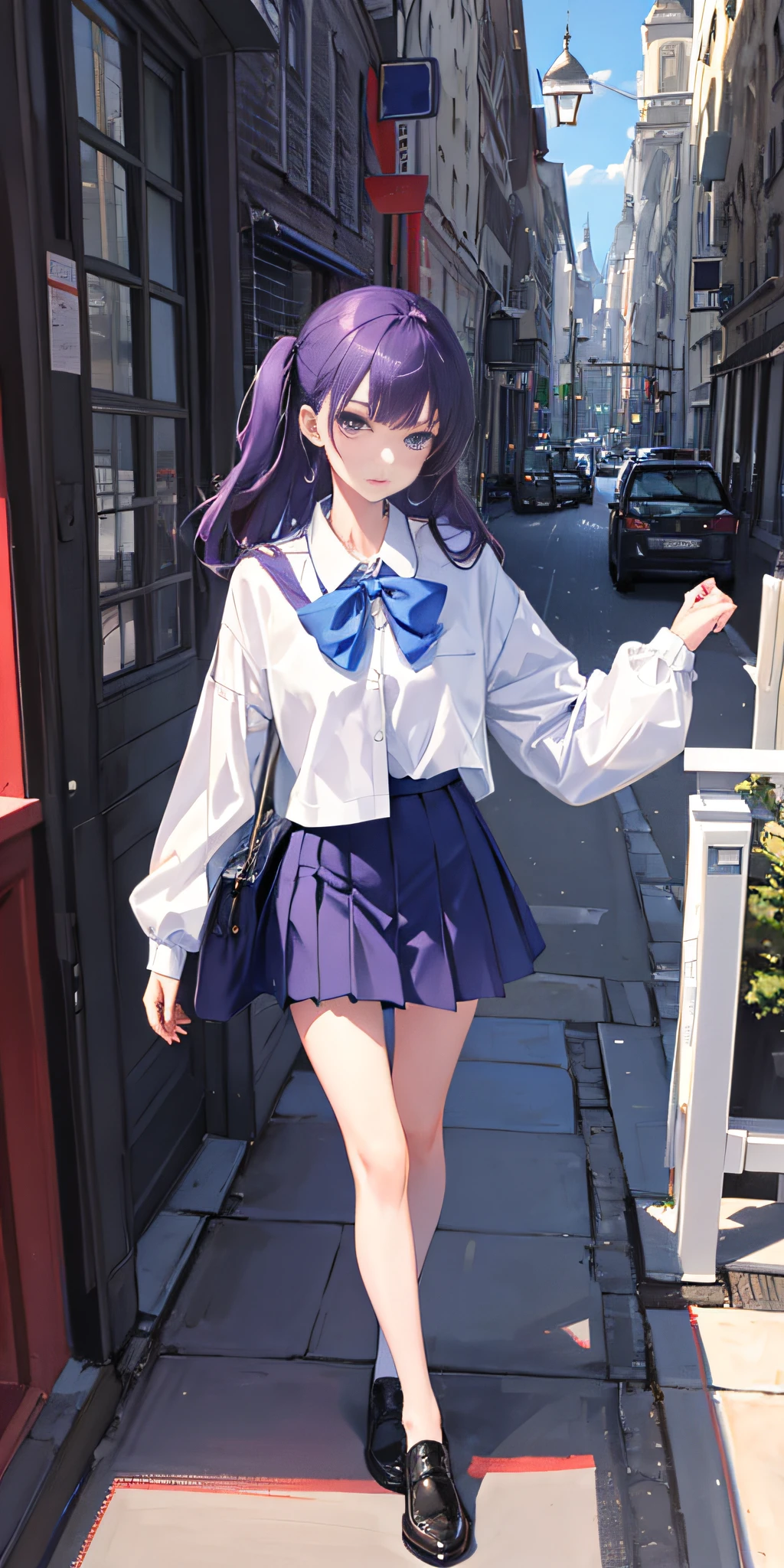 Highest quality, masterpiece, 1girl, ultimate detail, exquisite facial features,full body picture,stand,Carrying a blue bag,Overlooking the audience,Slim legs,drak white JK_shirt,drak gray JK_skirt,purple_eyes,