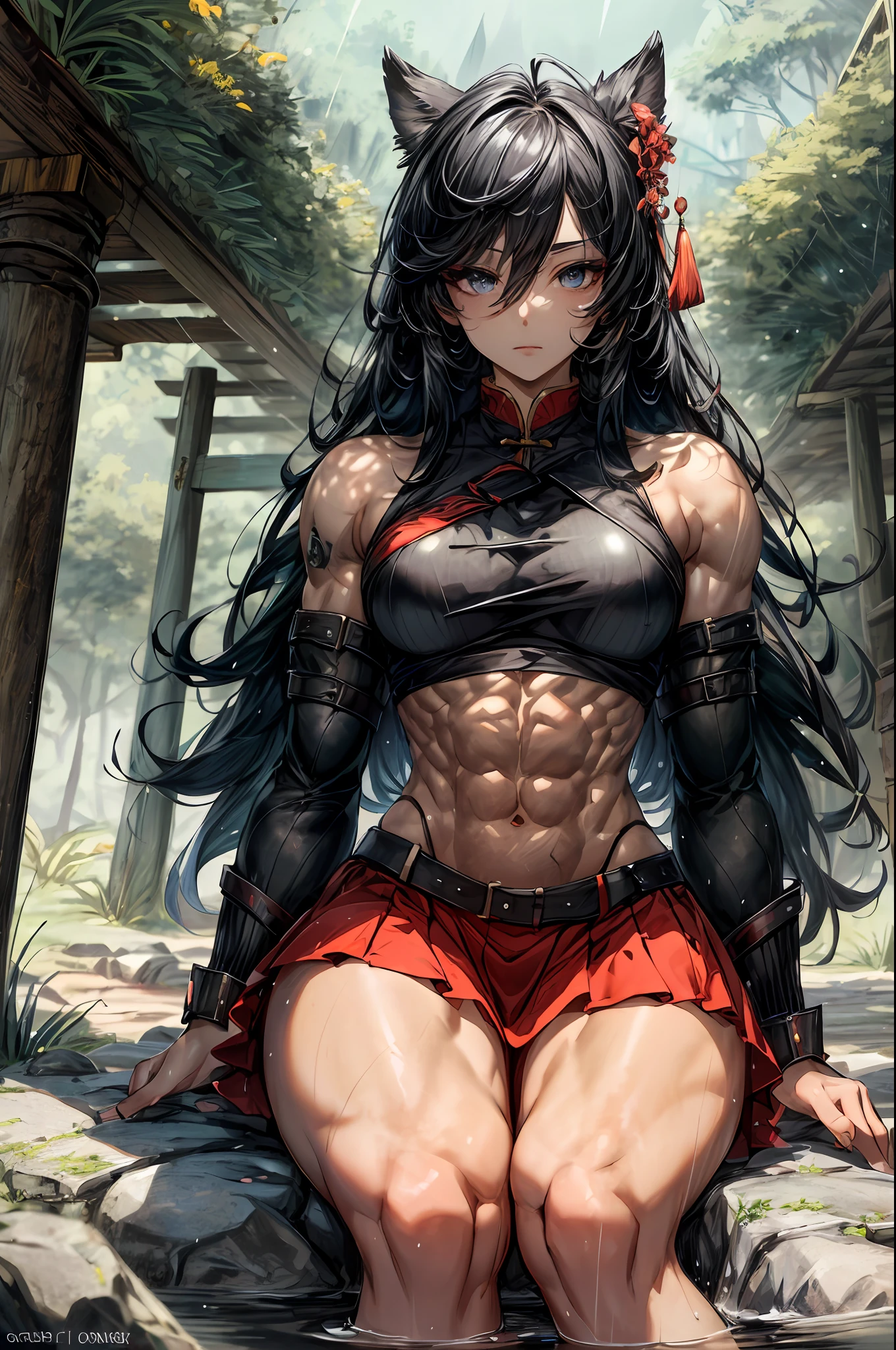 8K, complex, elegant, Highly detailed, Majestic, Digital photography, cowboy lens, surrealism painting, Broken rubies, Beating magic, Entwined fire magic, (Masterpiece, Side light, Fine beautiful eyes: 1.2), hdr, Void 5 Energy Storm, (Chinese girl, Black eyes: 1.5), Pale skin, Glowing skin, ( Sitting on a stone: 1.5), Delicate face, Black hair, Wearing palatial red armor, Bare shoulders, navel, Short skirt, Exquisite red armor, rained, Beautiful, Looking at the audience, Turn away from the camera, Masterpiece, Upper body,Portrait,Muscular,musculature,Strong,Abs