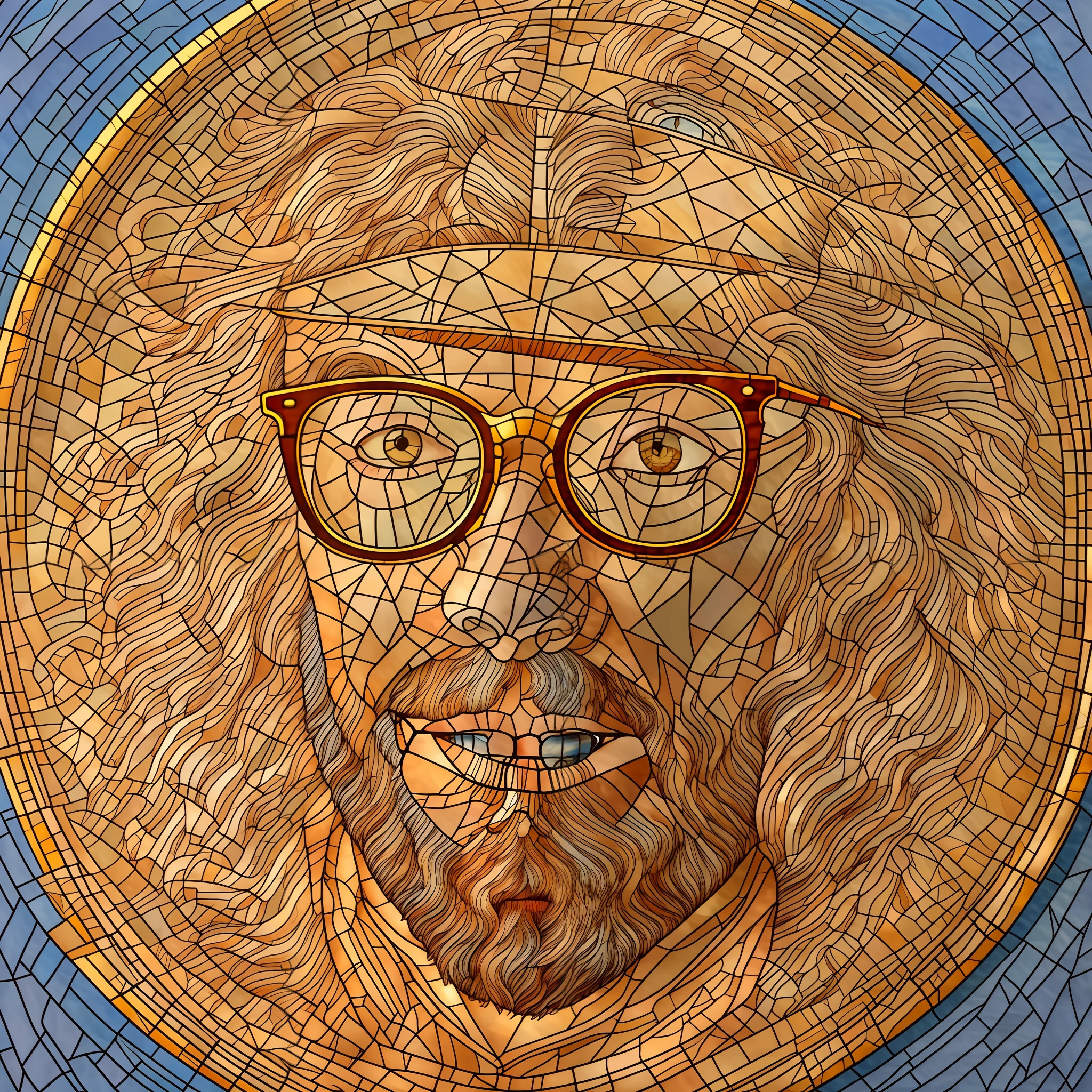 Image of a man with glasses and hat on a gold medal, Retrato de Jean Giraud, Retrato de Sam Hyde, Pulitzer Prize, Pulitzer Prize, Pulitzer Prize winner, Pulitzer Prize winner, Chuck Fechar:7, j. Dickenson, j.Dickenson, Arte de Pedro Bell, Velho John Lennon, arte premiada