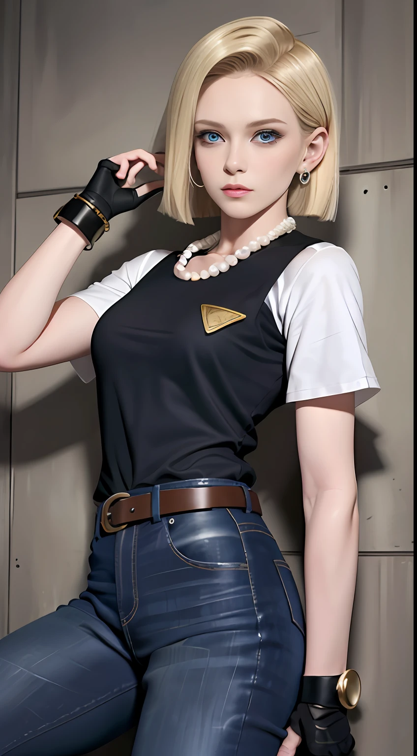 8k, real picture, intricate details, ultra-detailed,(photorealistic),
and18, 1girl, android 18, blonde hair, blue eyes, belt, jeans, pearl_necklace, bracelet, black gloves, white shirt, short hair, short sleeves, earrings, blue pants, open vest, black vest,
peace, sign
