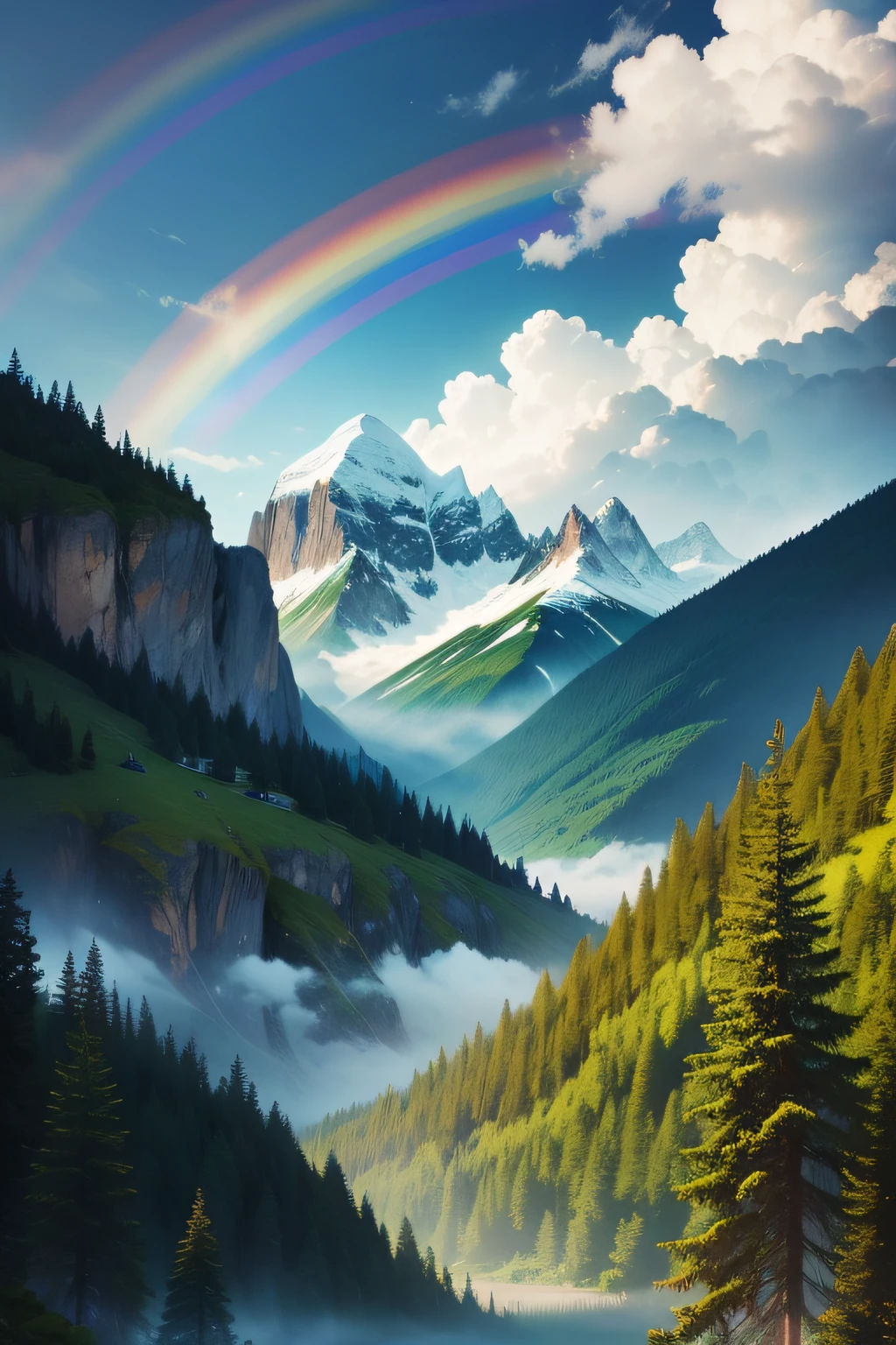 Create a design with a serene and natural feel. Include a scenic mountain range with lush greenery and a vibrant rainbow in the background.
