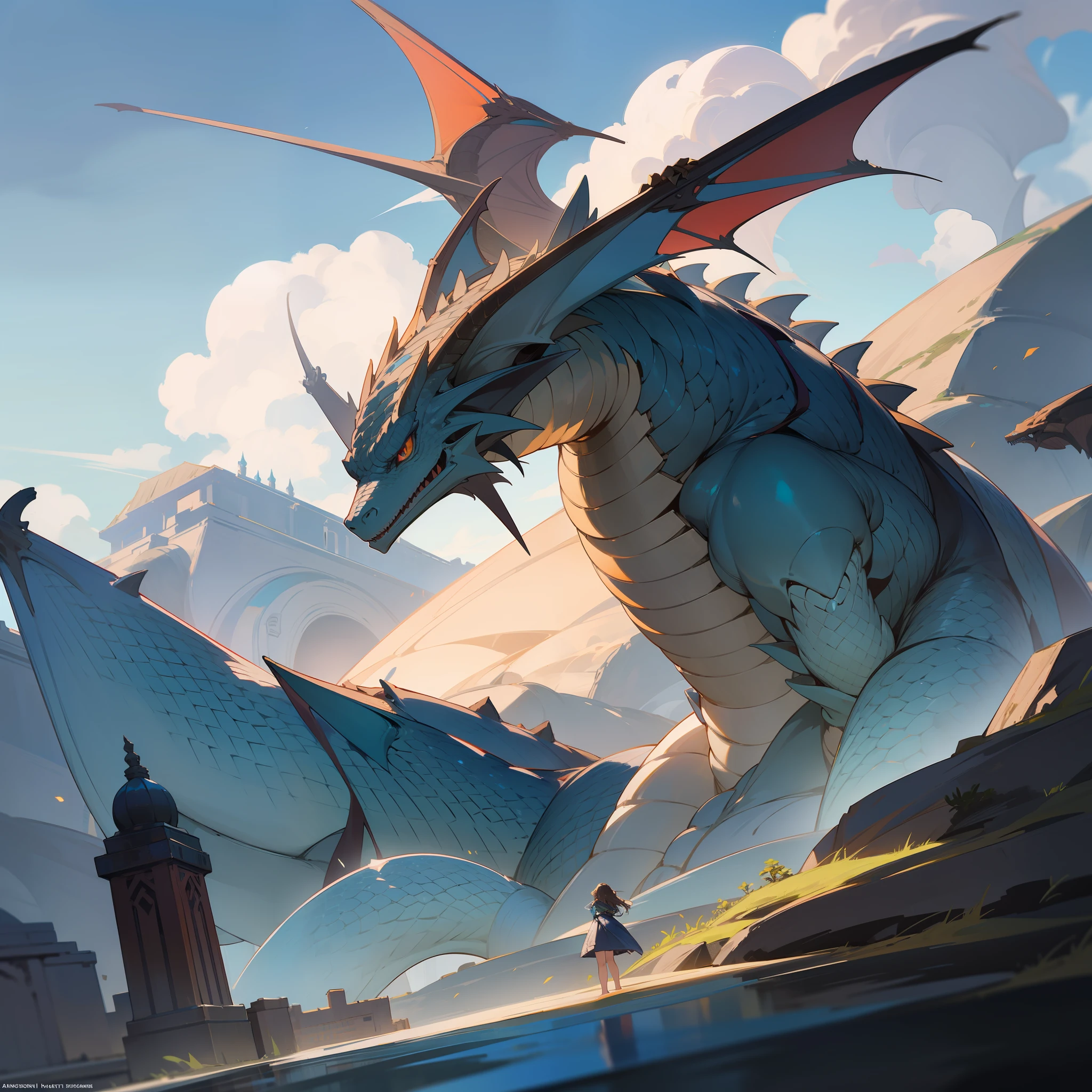 a magnificent city with ancient buildings standing proudly around a vibrant sea. The city is bathed in shades of brown, blue, and grey. A dragon-type monster emerges from the sea, its powerful form soaring into the sky. Its scales shimmer with hints of blue and grey, reflecting the surrounding hues. The dragon's presence evokes a sense of awe and wonder. a beautiful girl gazing up at the dragon. Her expression mirrors the emotion of wonder. She stands before the ancient buildings