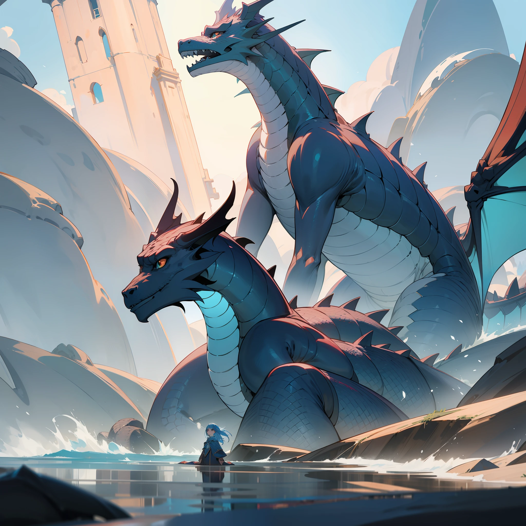 a magnificent city with ancient buildings standing proudly around a vibrant sea. The city is bathed in shades of brown, blue, and grey. A dragon-type monster emerges from the sea, its powerful form soaring into the sky. Its scales shimmer with hints of blue and grey, reflecting the surrounding hues. The dragon's presence evokes a sense of awe and wonder. a beautiful girl gazing up at the dragon. Her expression mirrors the emotion of wonder. She stands before the ancient buildings