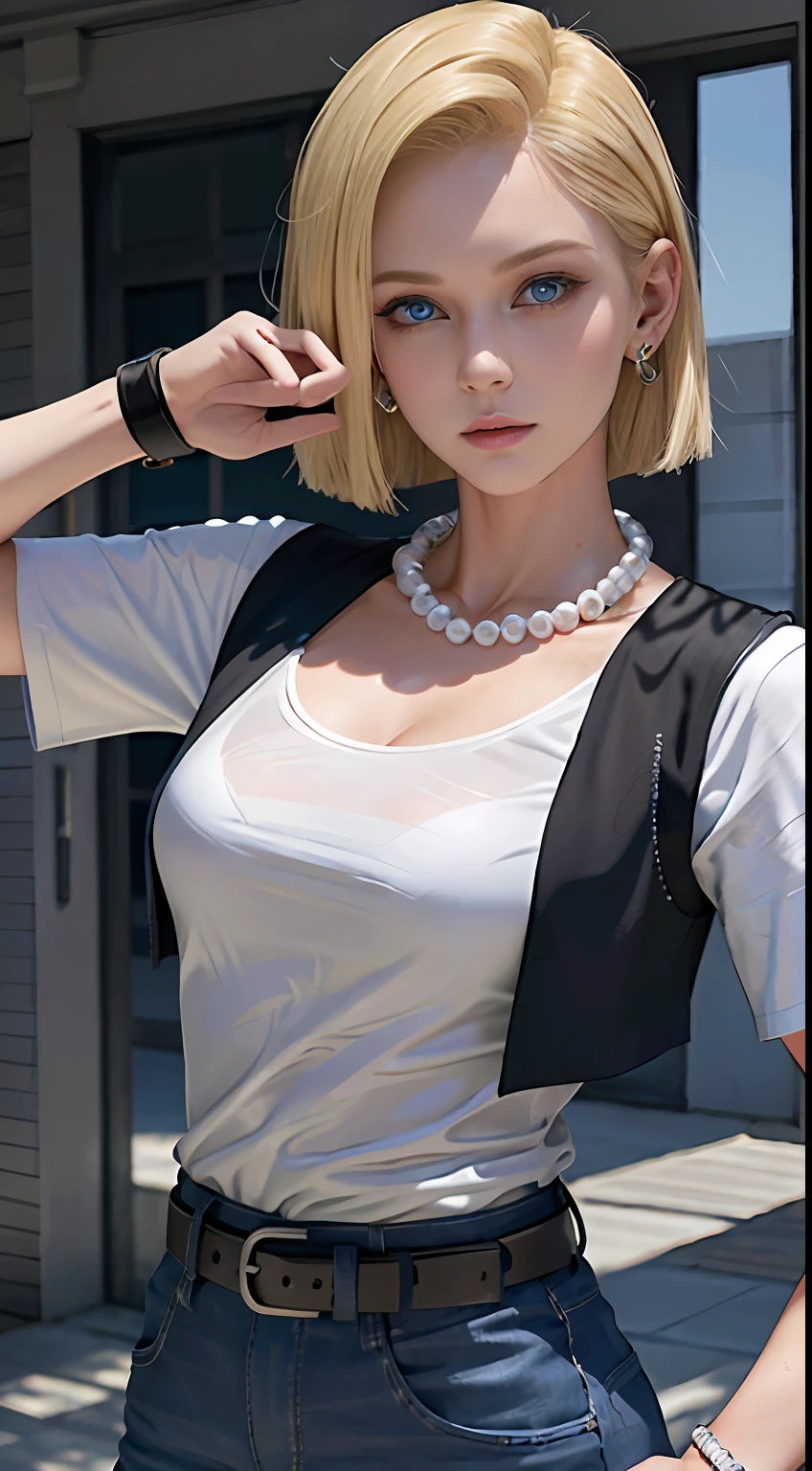 8k, real picture, intricate details, ultra-detailed,(photorealistic),
and18, 1girl, android 18, blonde hair, blue eyes, belt, jeans, pearl_necklace, bracelet, black gloves, white shirt, short hair, short sleeves, earrings, blue pants, open vest, black vest,
peace, sign