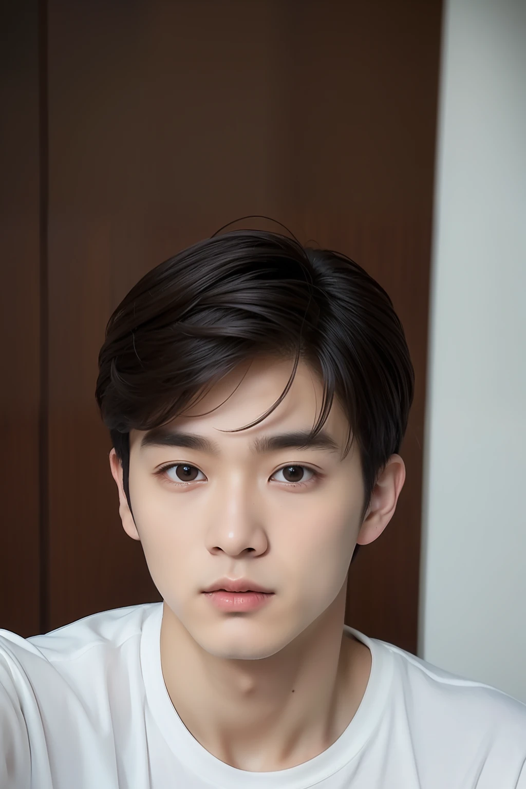 top-quality, masterpiece, 超A high resolution, (realisitic: 1.4), Original photo, wall-paper, Head Photo, The skin, simple background, Black eyes, detaileds, selfy, 1 boys, 18 years old, a handsome, Duan、a room、co-sleeping、Amazing handsome man、Cute、Center Part、Johnny's、A face like Ryo Yoshizawa、Refreshing、not too thick eyebrows、orthodox christianity、musculature