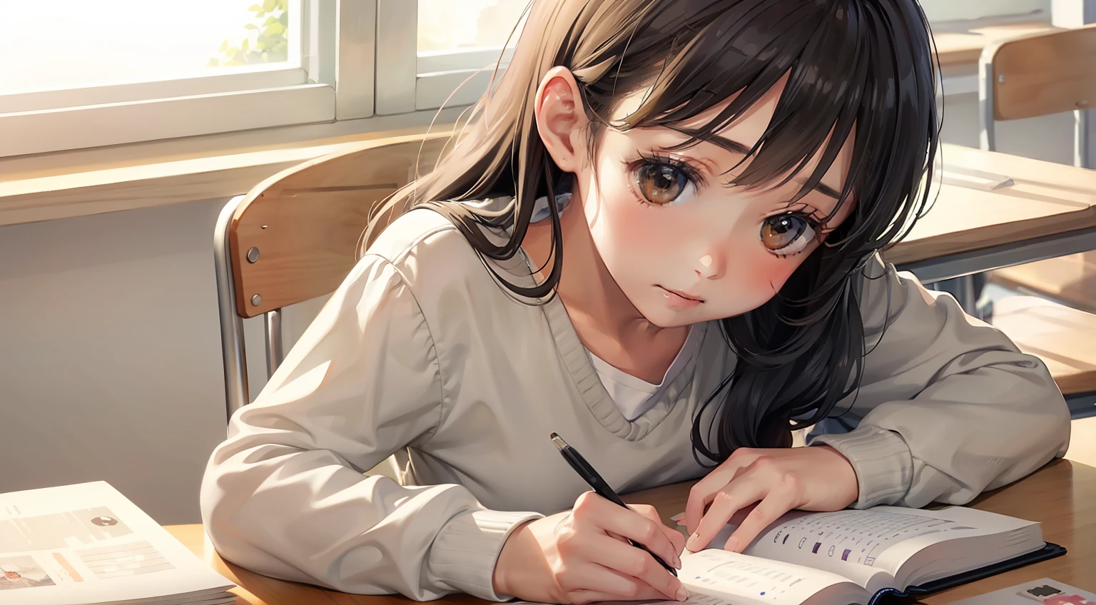 Girl sitting at desk in classroom looking at diary book thoughtfully chin in hand, gentle warmth, watercolor style by Reiko Yamada