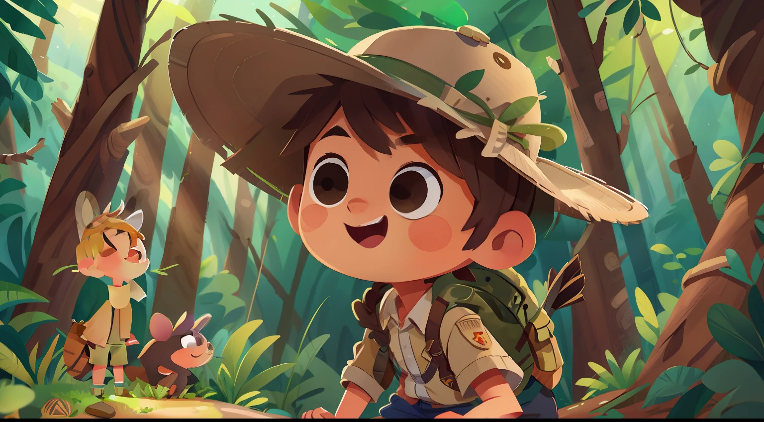 um garoto bonito de seis anos feliz, standingn, cabelo curto castanho, Wearing a beige shirt and beige safari shorts, Forest explorer costume with beige safari hat , vestindo roupa de domador da floresta, fundo da imagem floresta com animais cutie, barnet, Tom, Estilo Pixar, ....3d, desenhos animados, rosto detalhado, olhos detalhados, assymetrical, com vista lateral e frontal