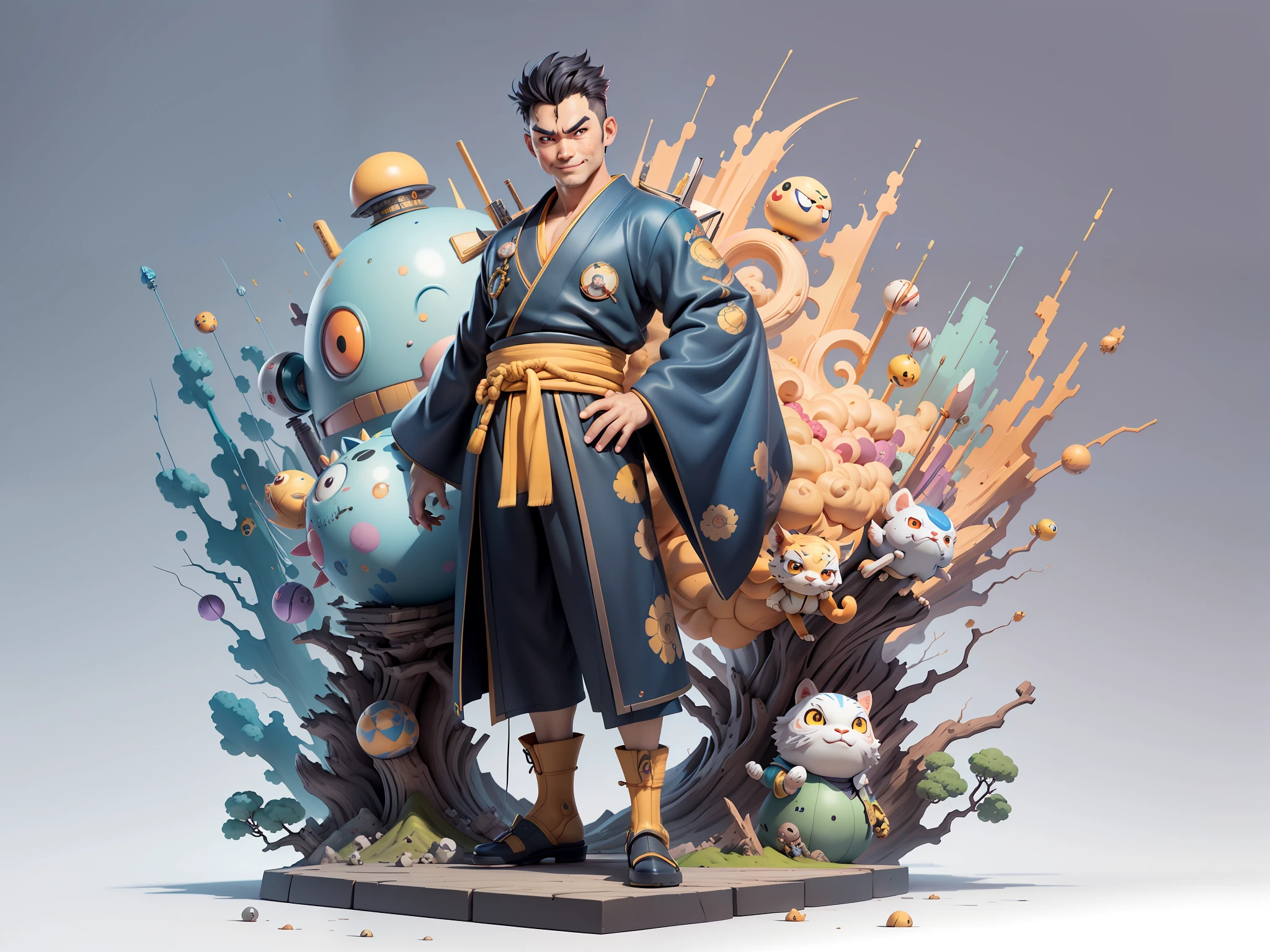 (Masterpiece), (Excellent), (Super Meticulous), (Full Body: 1.2), Super Young Man, Oriental Face, Japanese Kimono, Japanese Wind Thunder God, Dragon, Tiger, TV Anchor, Bust Portrait Illustration, Alone, Black Suit, Blue Tie, Slightly Chubby Face, Very Clean Face, No Beard, Black Super Short Hair, Black Eyes, Confident Smile, 3c Computer Sub-Products, iPad, iPhone, Digital Painting, 3D Character Design by Akira Toriyama and Mark Claireden and Pixar and Hayao Miyazaki, The illustration is a high-definition illustration in 4K resolution with very detailed facial features and cartoon-style visuals.