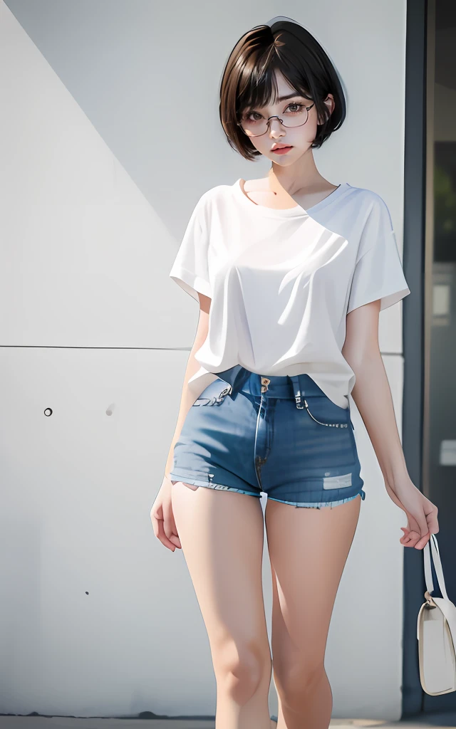with short black hair,slanted bangs,eye glass,Beautuful Women,white shirt,denim short