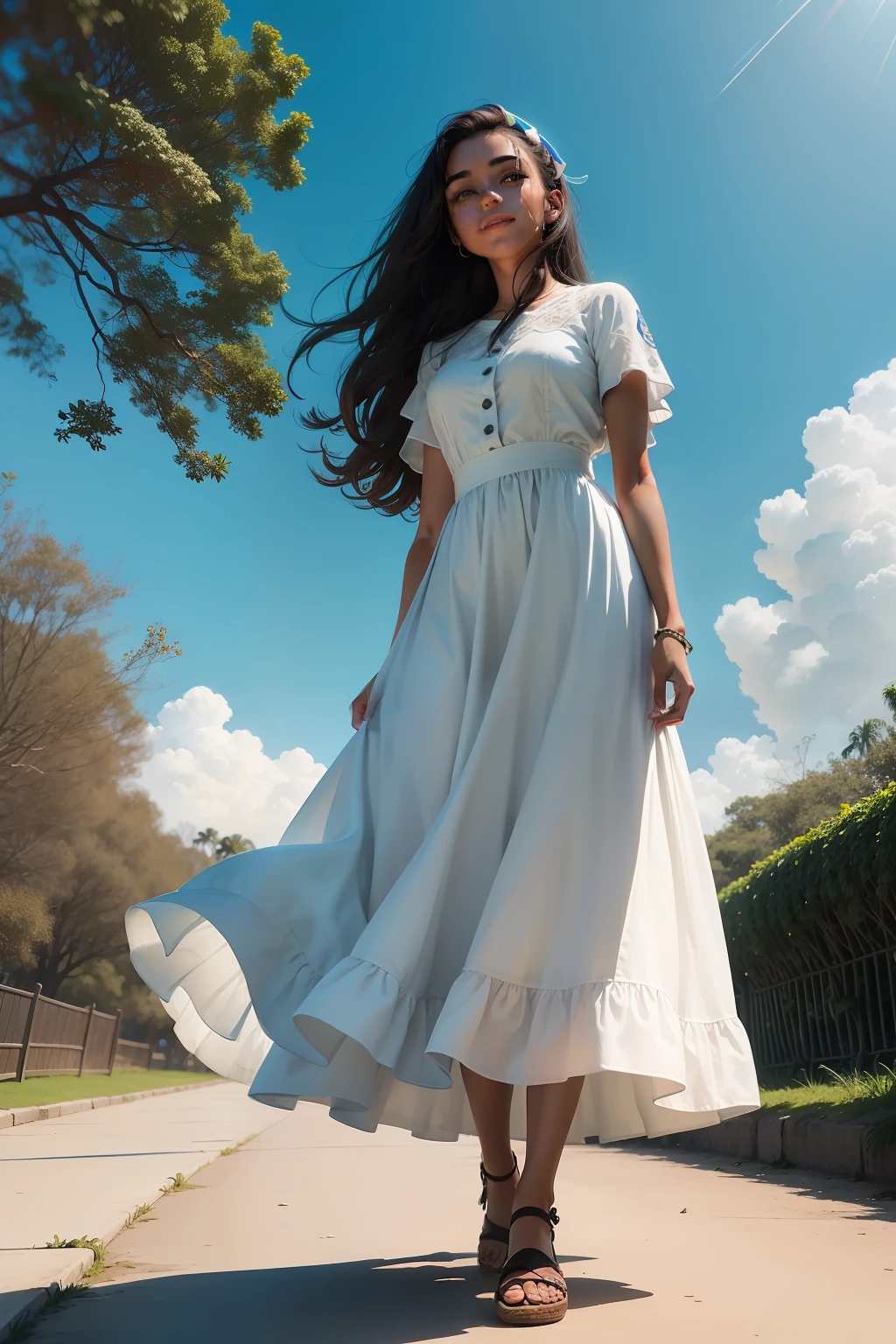  jovem, de pele morena, cabelos escuros, sorrindo, standingn, with his head raised, gaze fixed on the sky,    semblante alegre, with arms raised to the sky, in gratitude to God, long dress to the feet, com estampa florida, em uma estrada, sercada por um lindo jardim com flores coloridas, A day with sun and blue skies.    imagem  como os desenhos da disney pixel