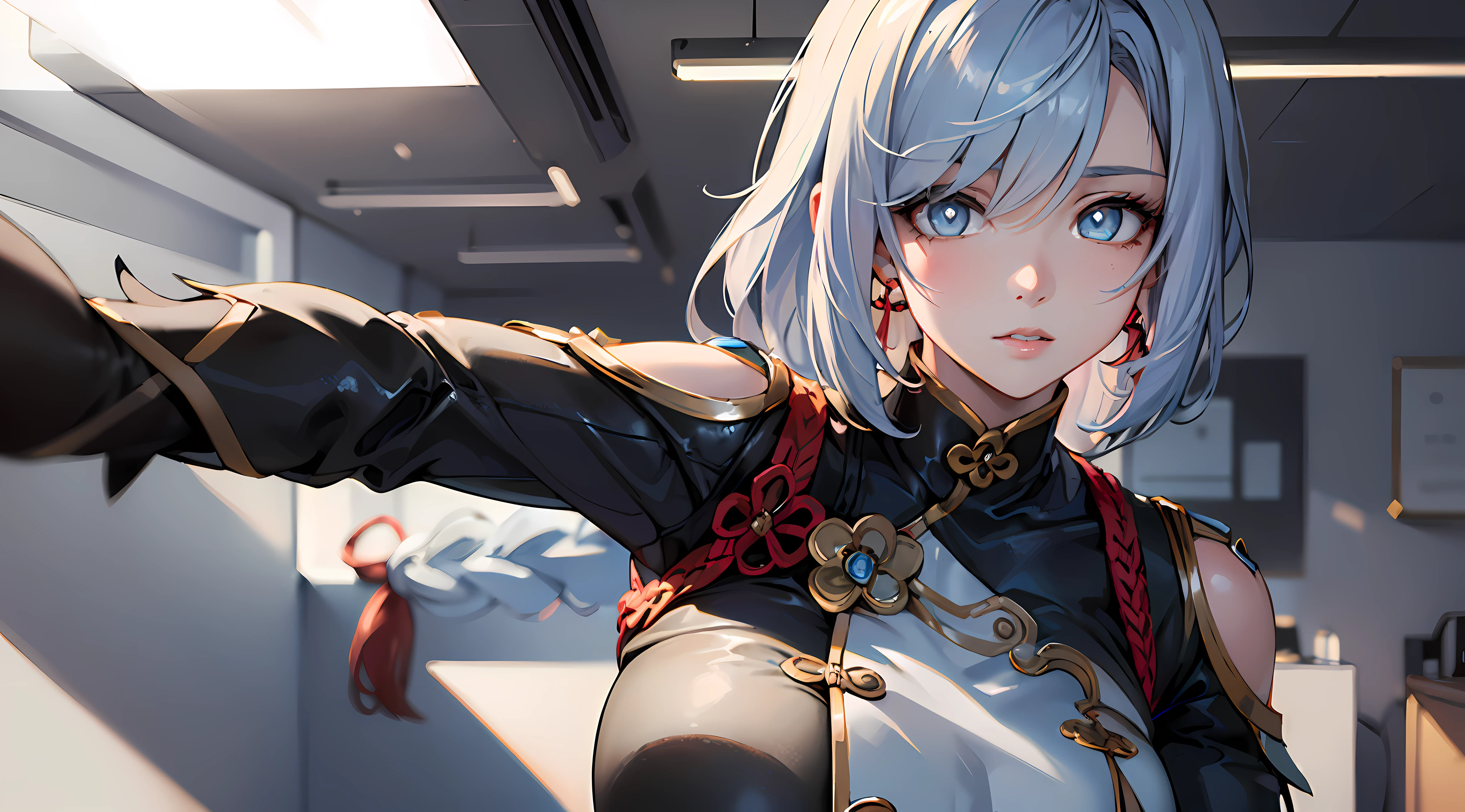 electrician girl, electrician suit, upper body, seductive look, blush, indoors, in office, looking at viewer, cloudy, moody lighting, (perfect detail eyes:1.2), glowing eyes, (long hair one braid:1.2), elemental skill effect, (Masterpiece, Best Quality, High Quality:1.4), professional artwork, Intricate Details, field of view, sharp focus, detailed painting, photorealistic lighting, trending on pixiv, (vivid lighting, vibrant colors:1.05), realistic shadows, ambient occlusion, (athletic body:1.3), mature woman, 30yo, shenhe, hyperdetail eyes, ((beautiful eyes, hyperdetailed eyes:1.4)), (((solo:1.4))), semi-realistic hair, hyperdetailed clothes, (((anime:1.4)))