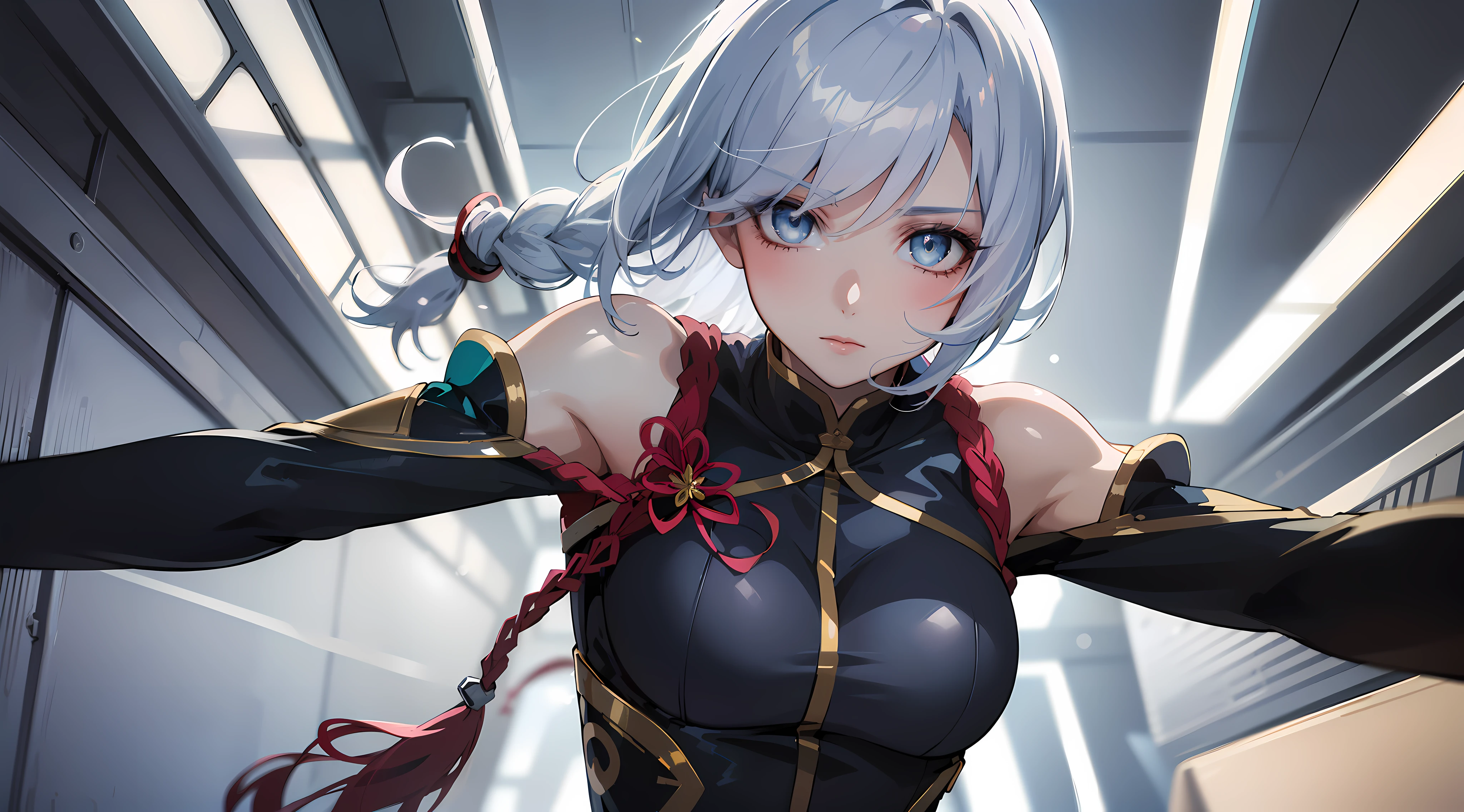 electrician girl, electrician suit, upper body, seductive look, blush, indoors, in office, looking at viewer, cloudy, moody lighting, (perfect detail eyes:1.2), glowing eyes, (long hair one braid:1.2), elemental skill effect, (Masterpiece, Best Quality, High Quality:1.4), professional artwork, Intricate Details, field of view, sharp focus, detailed painting, photorealistic lighting, trending on pixiv, (vivid lighting, vibrant colors:1.05), realistic shadows, ambient occlusion, (athletic body:1.3), mature woman, 30yo, shenhe, hyperdetail eyes, ((beautiful eyes, hyperdetailed eyes:1.4)), (((solo:1.4))), semi-realistic hair, hyperdetailed clothes, (((anime:1.4)))